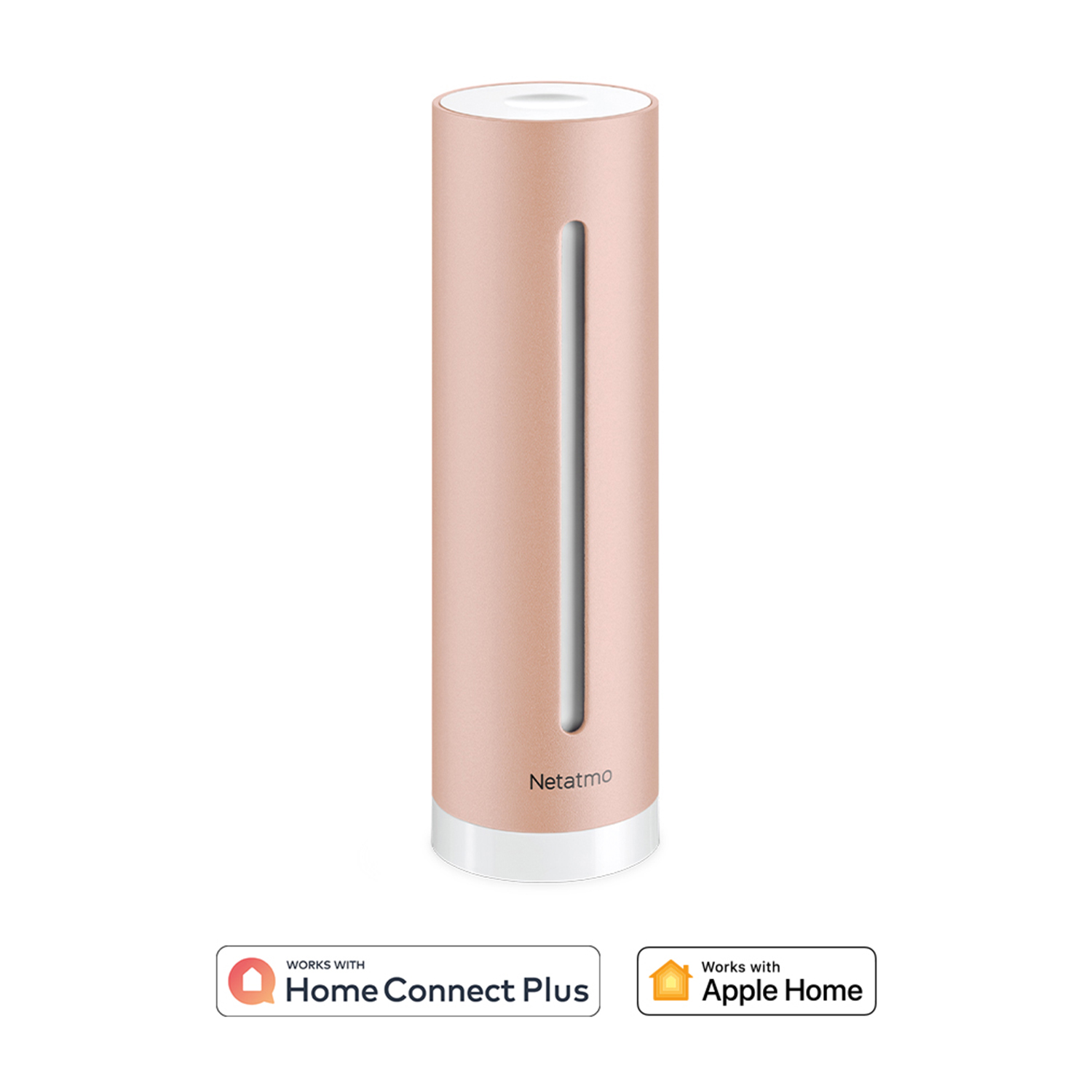 Dispositivo per la casa intelligente color oro rosa. Testo: 'Funziona con Home Connect Plus' e 'Apple Home'.