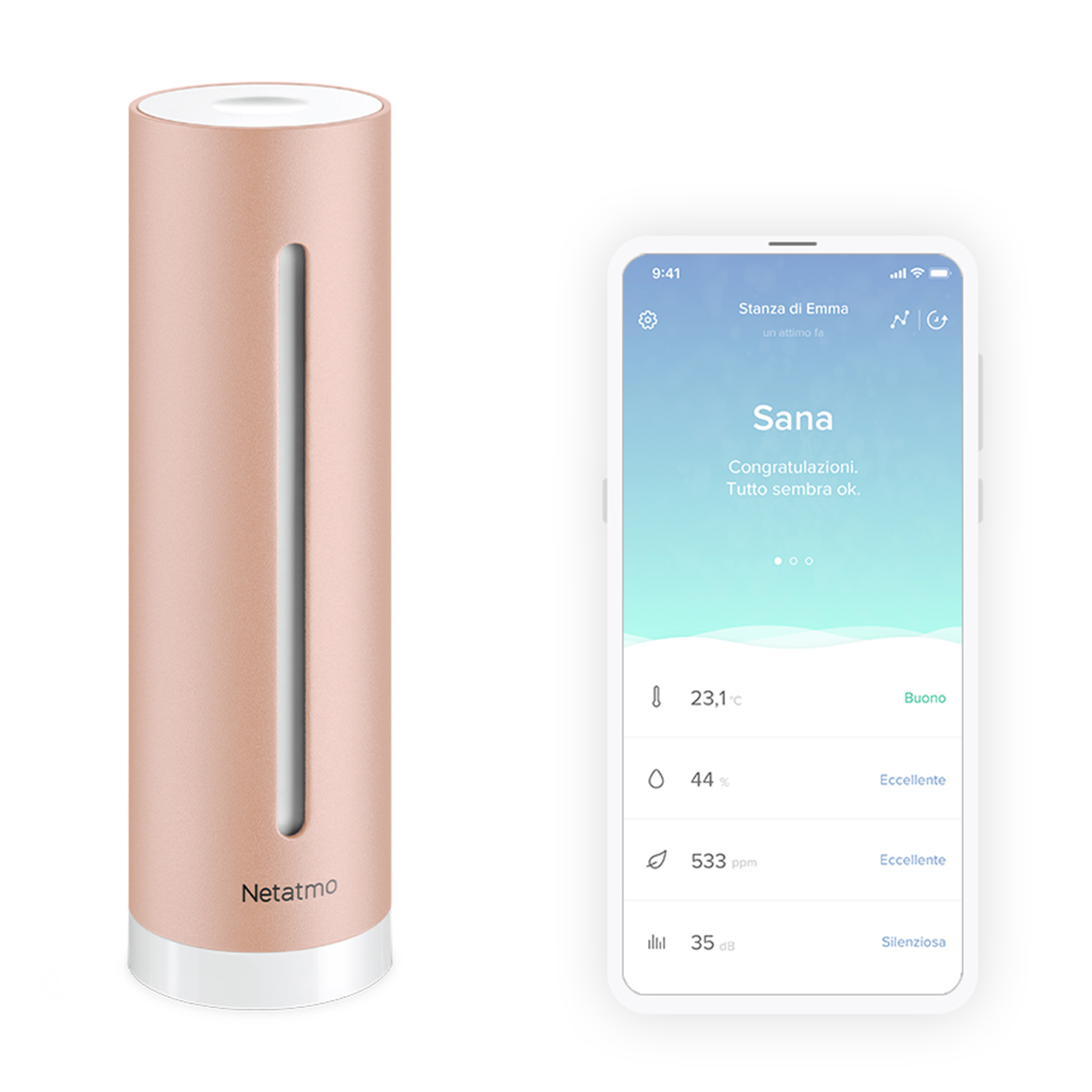 Una stazione meteo Netatmo oro rosa e lo schermo della sua app con informazioni meteo.