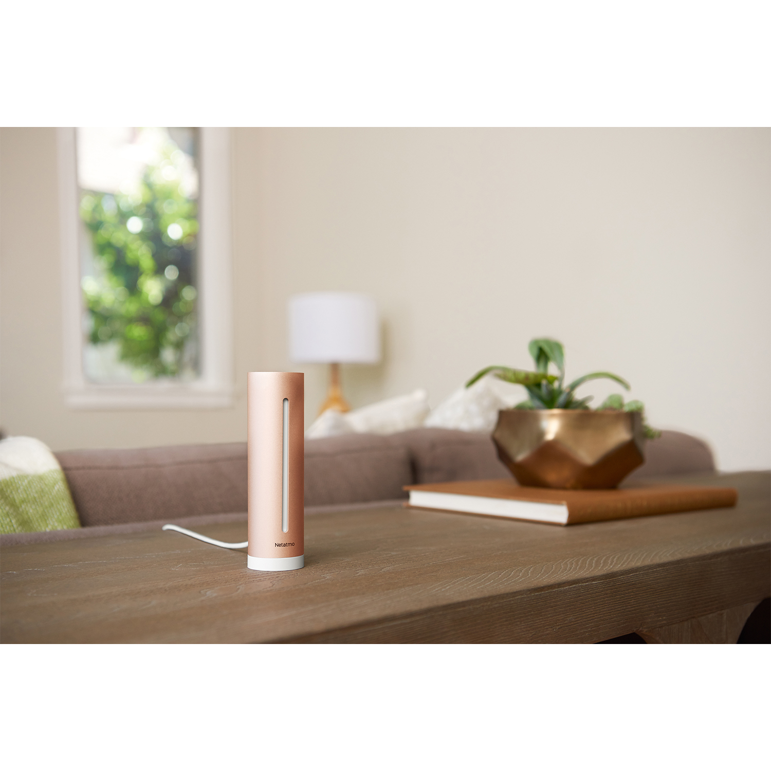 Un monitor per la qualità dell'aria color rame su un tavolo di legno. Una finestra e una lampada sullo sfondo, con un divano.