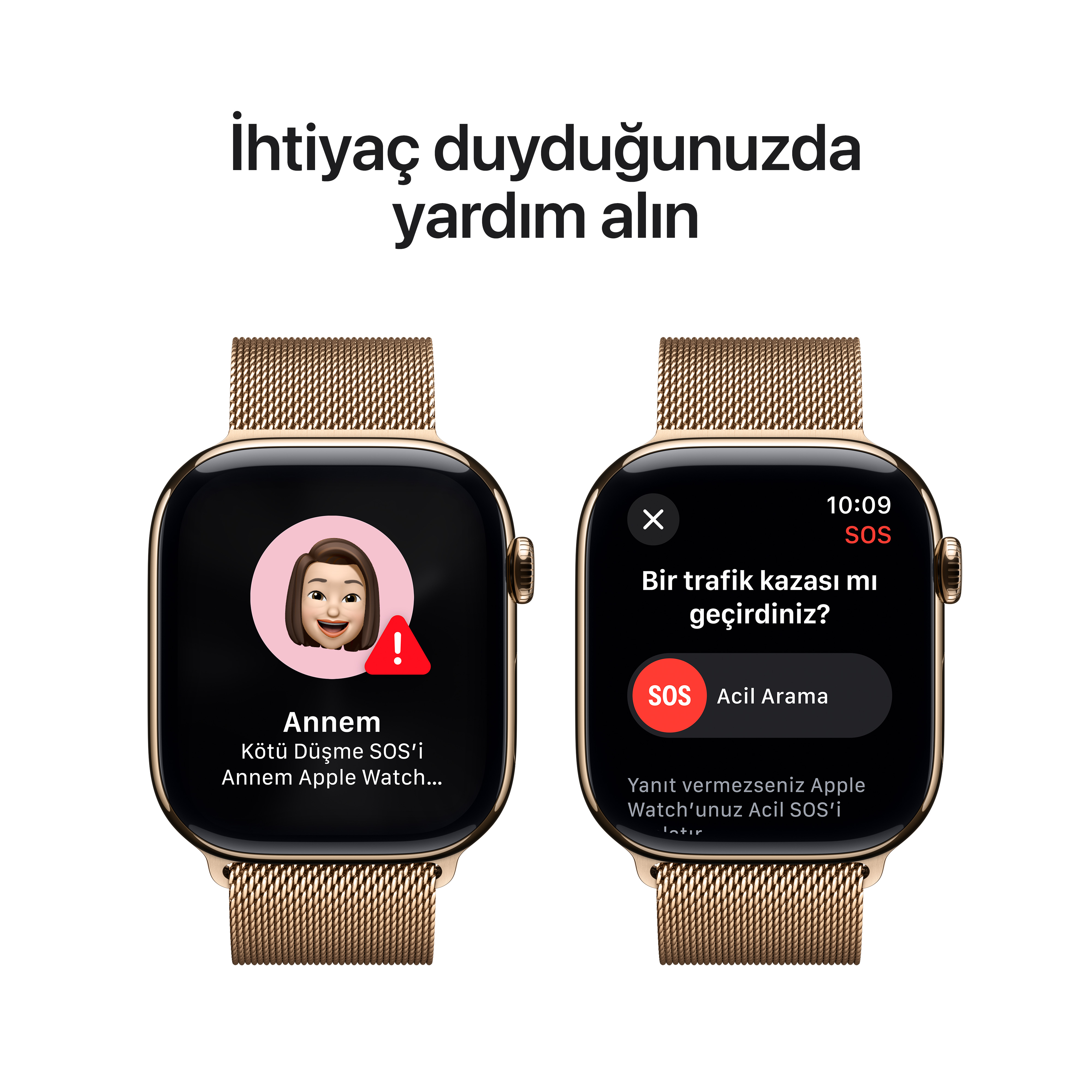 İki akıllı saat, acil durum SOS ekranı ve 'Anne'den bir mesaj gösteriyor.