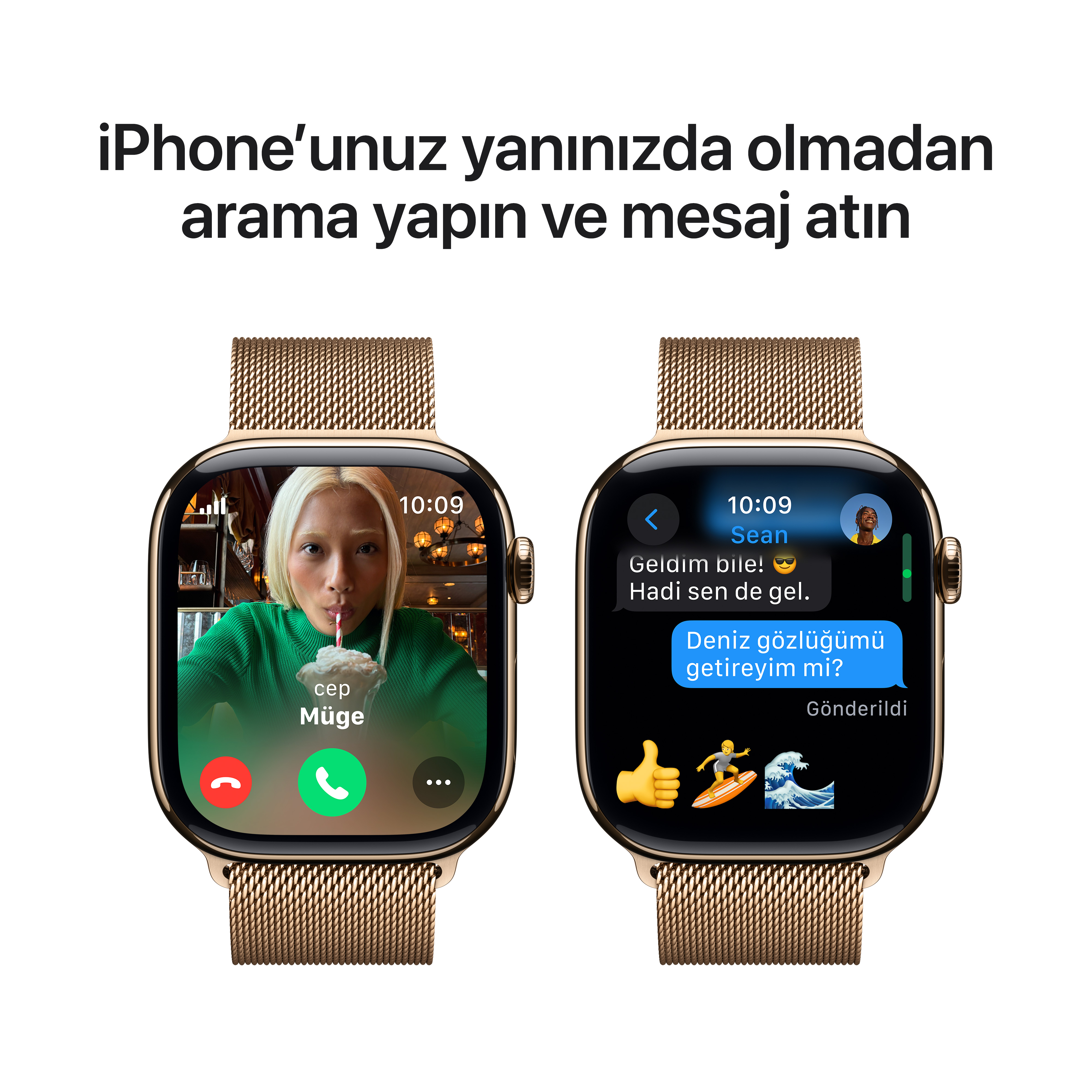 İki Apple Watch arama ve mesajları gösteriyor. Soldaki saatte görüntülü arama, sağda mesaj var.