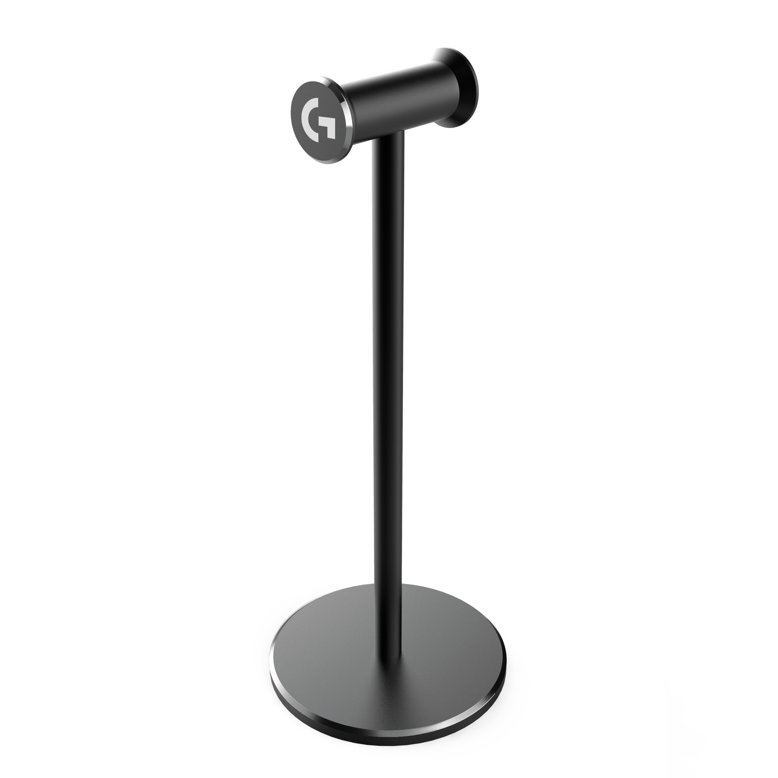 Headset-Ständer, schwarz, mit silberner Basis und 'G'-Logo.