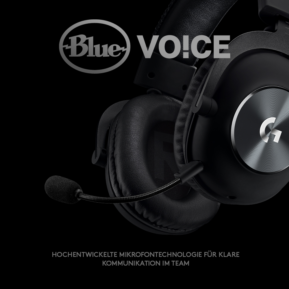 Schwarzes Headset mit Mikrofon. Blue Voice Logo. Schwarzer Hintergrund.