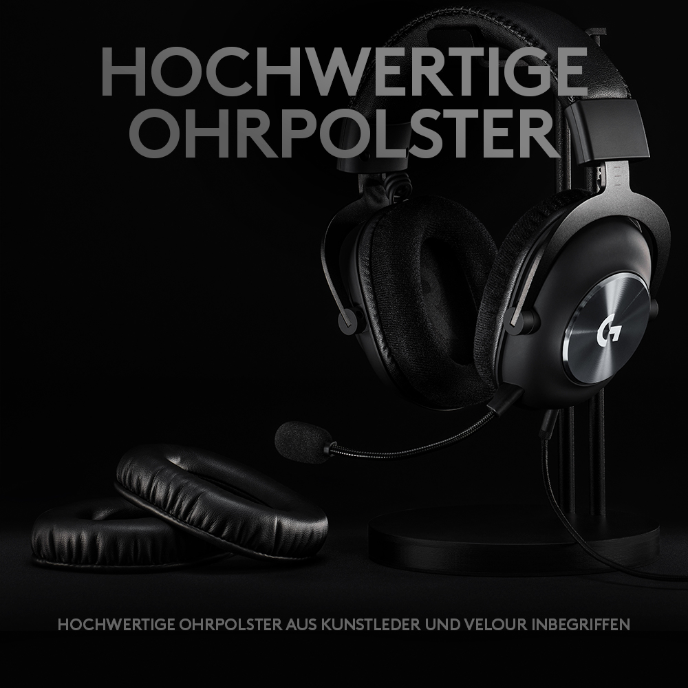 Schwarzes Gaming-Headset mit Ersatz-Ohrpolstern. Text in Deutsch lautet 'Hochwertige Ohrpolster'.