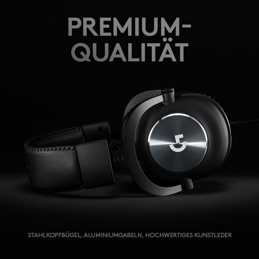Schwarze Kopfhörer auf schwarzem Grund mit dem Text PREMIUM-QUALITÄT darüber.
