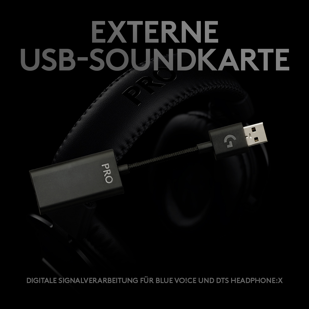 Externe USB-Soundkarte mit Kopfhörer und Kabel auf schwarzem Hintergrund.