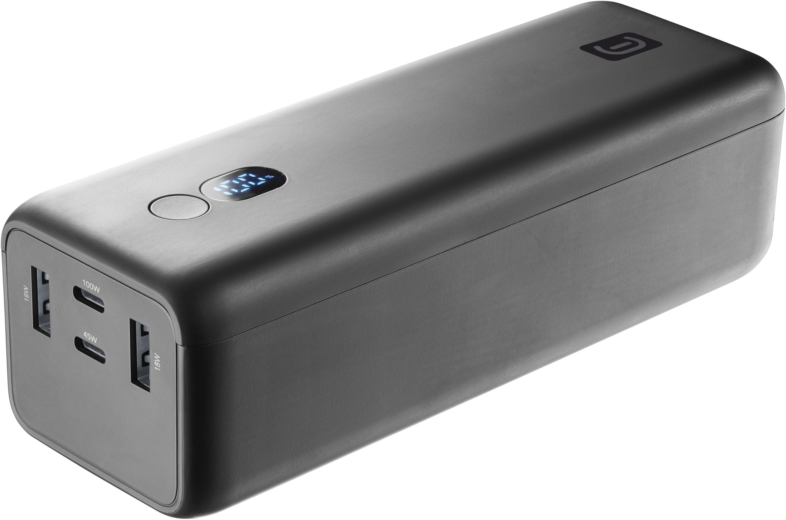 Eine schwarze Powerbank mit mehreren USB-Anschlüssen und einem kleinen Display.