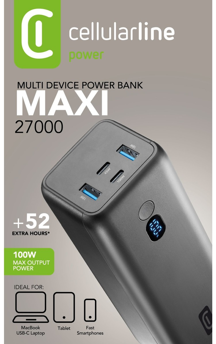 Eine Cellularline Powerbank mit schwarzem Gehäuse und digitaler Anzeige.
