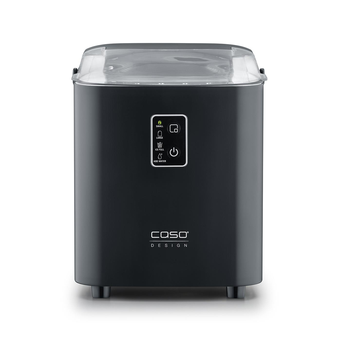 Schwarze Eismaschine mit durchsichtigem Deckel. Der Markenname 'COSO DESIGN' ist sichtbar.