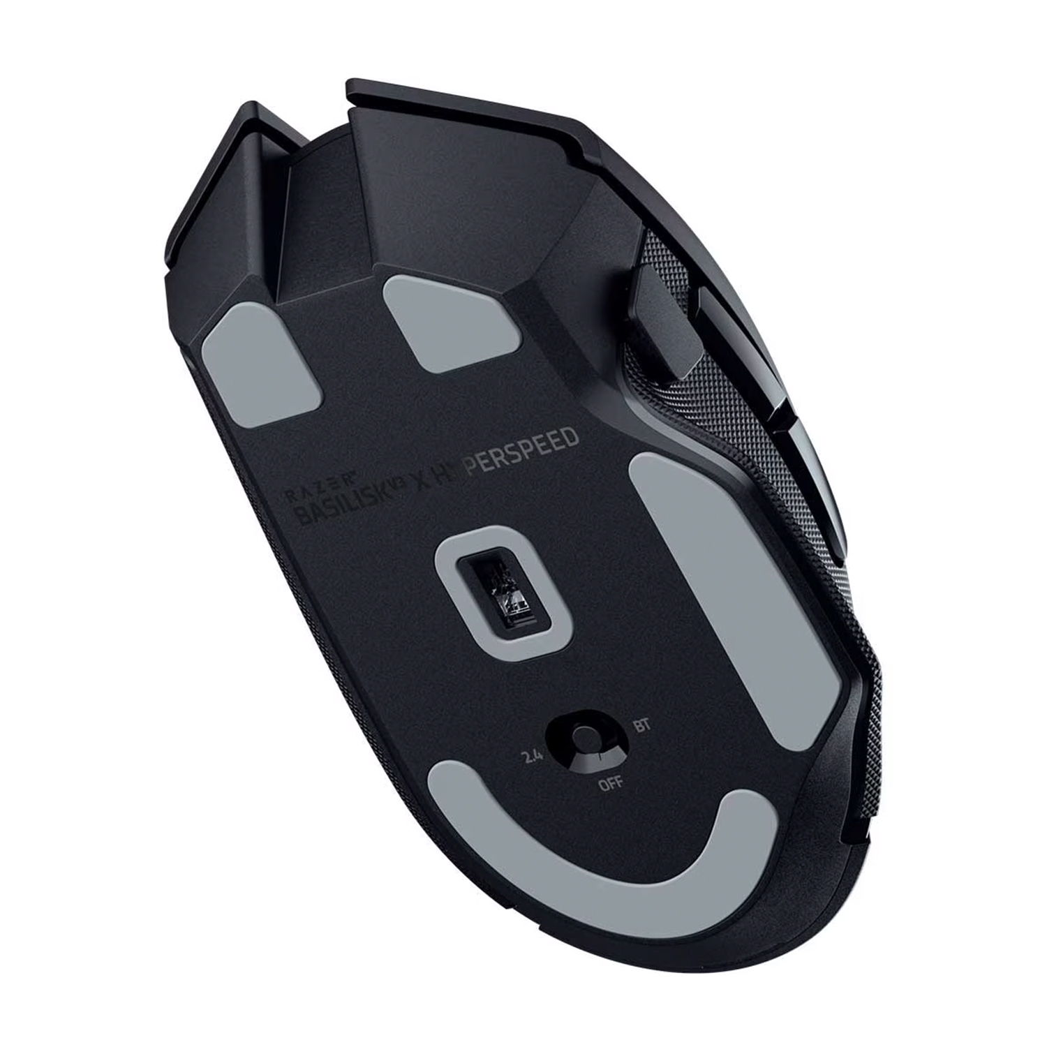 Mouse da gaming Razer nero, vista inferiore, con cuscinetti grigi e testo 'BASILISK X HYPERSPEED'.