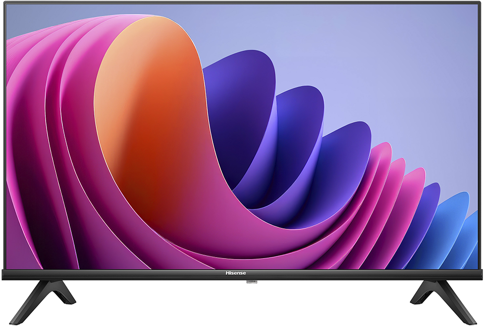 Hisense TV absztrakt színes formákkal a képernyőn. Fekete keret és állvány.