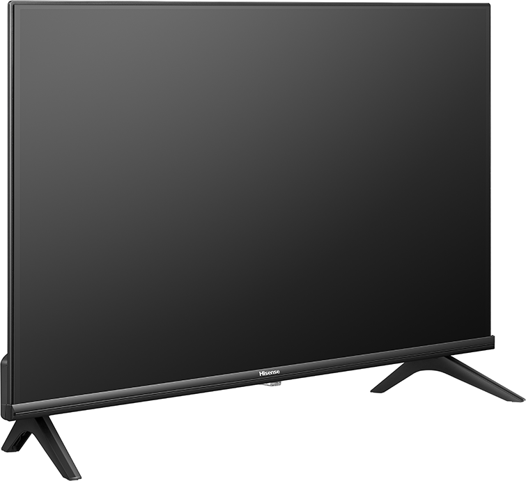 Egy fekete Hisense TV lábakon, fekete képernyővel. A márkanév látható.