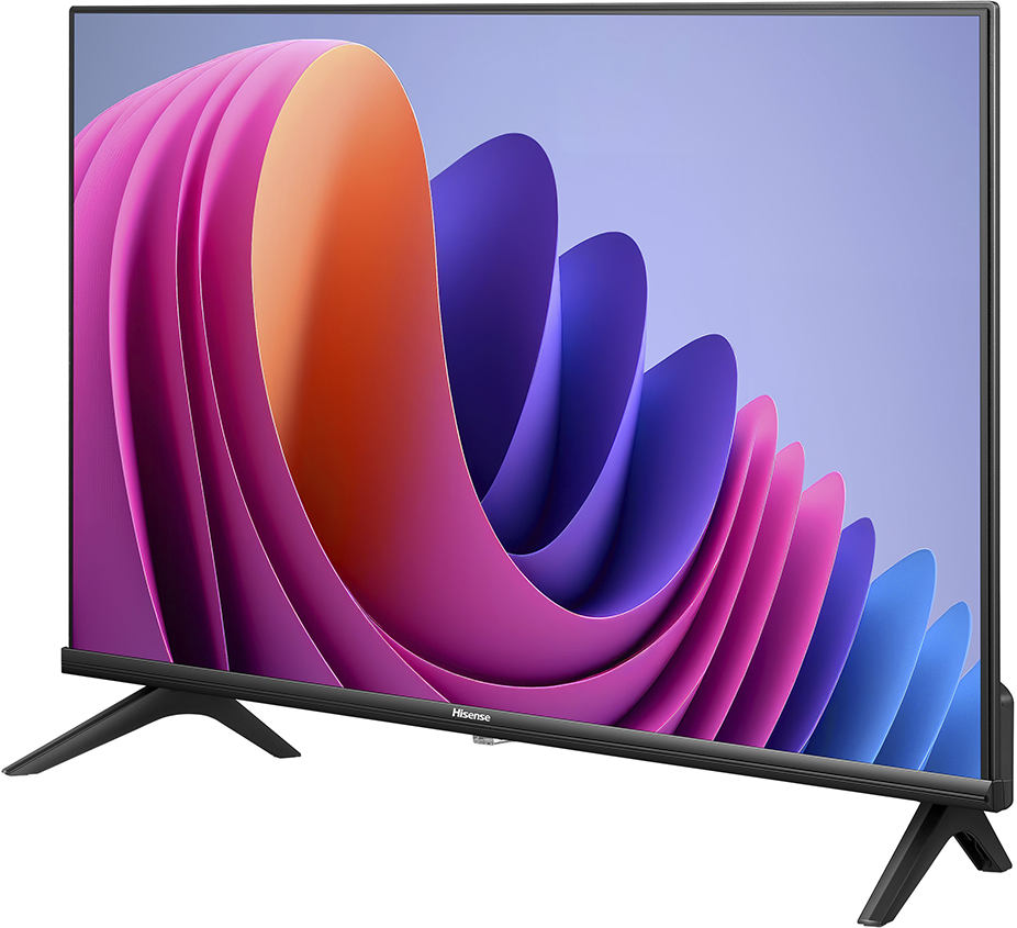Egy síkképernyős TV színes absztrakt formákkal. A TV fekete lábakon áll.