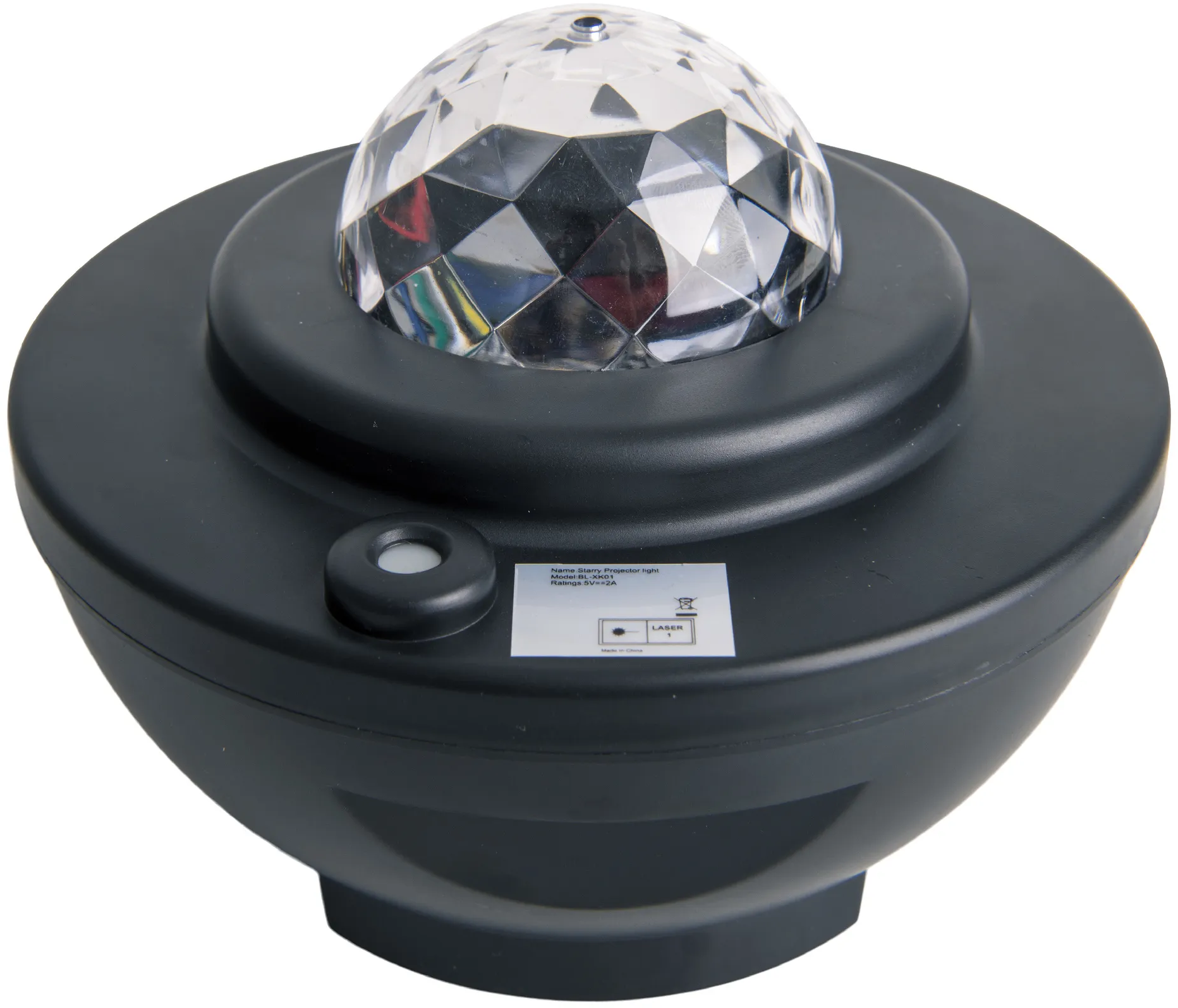 Lampe décorative noire et argentée avec un dôme cristallin sur une base noire.