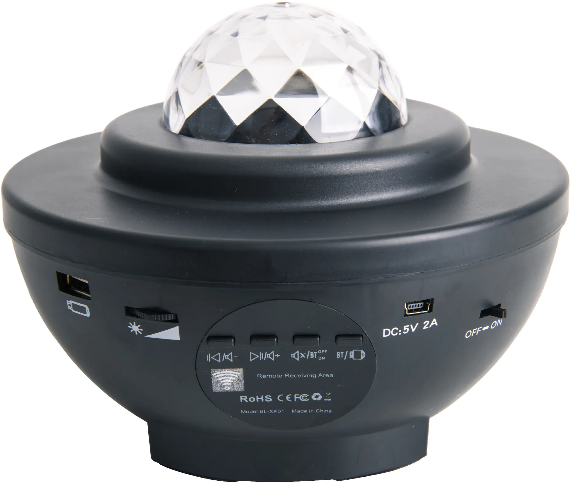 Projecteur de galaxie noir avec un dôme en cristal et des boutons.