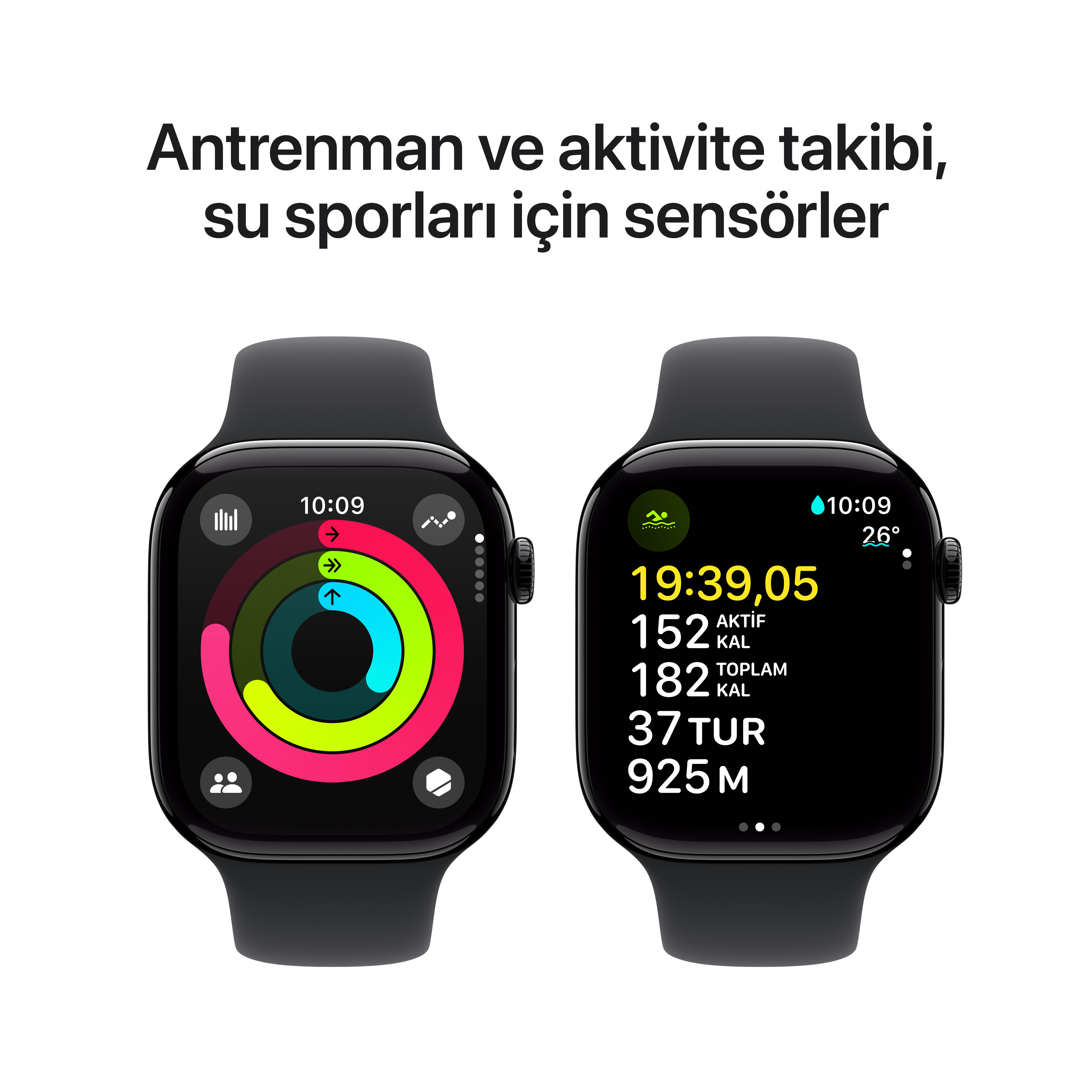 İki akıllı saat, "Antrenman ve aktivite takibi" metniyle aktivite verilerini gösteriyor.