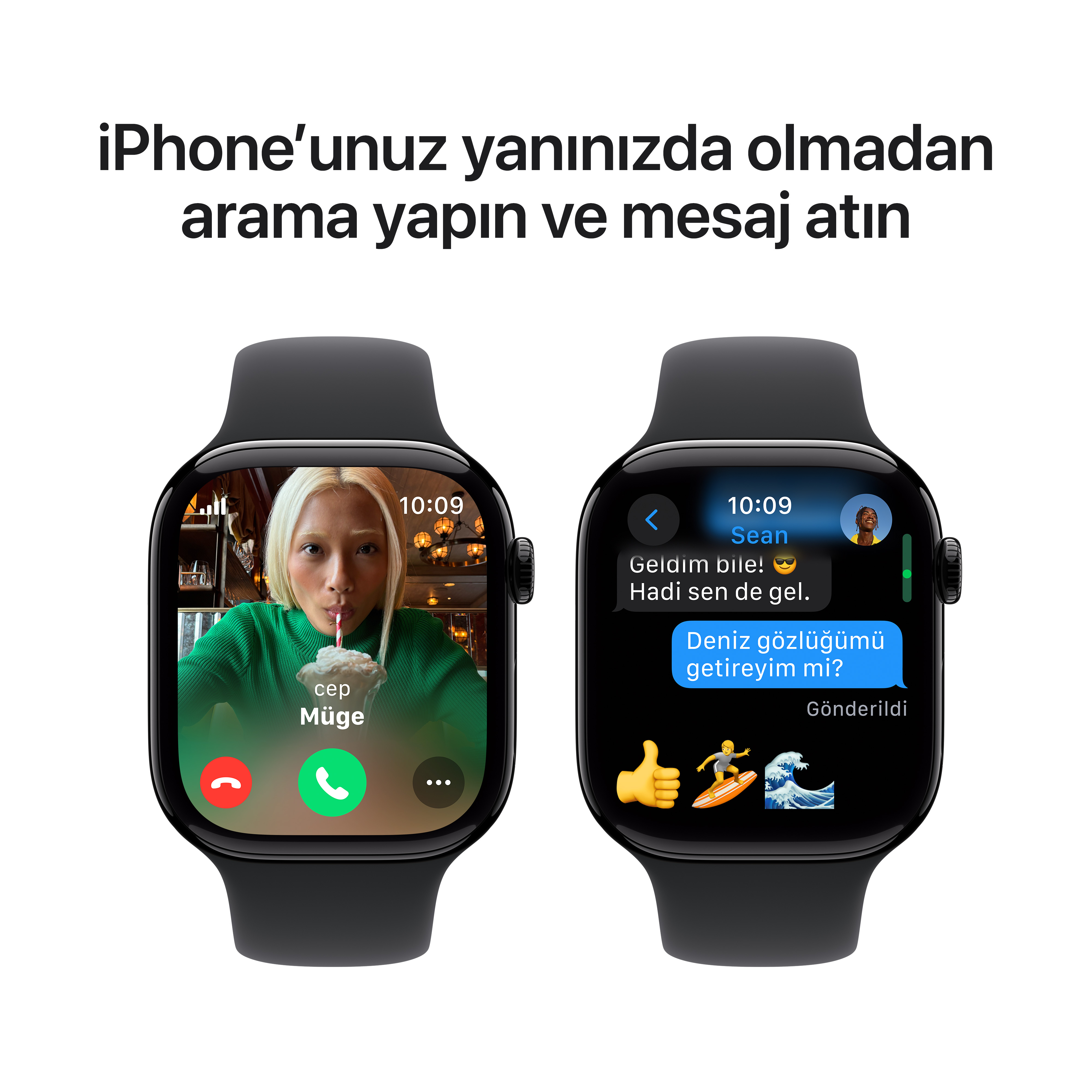 İki Apple Watch arama ve metinleri gösteriyor. Birinde görüntülü arama, diğerinde mesajlaşma var.