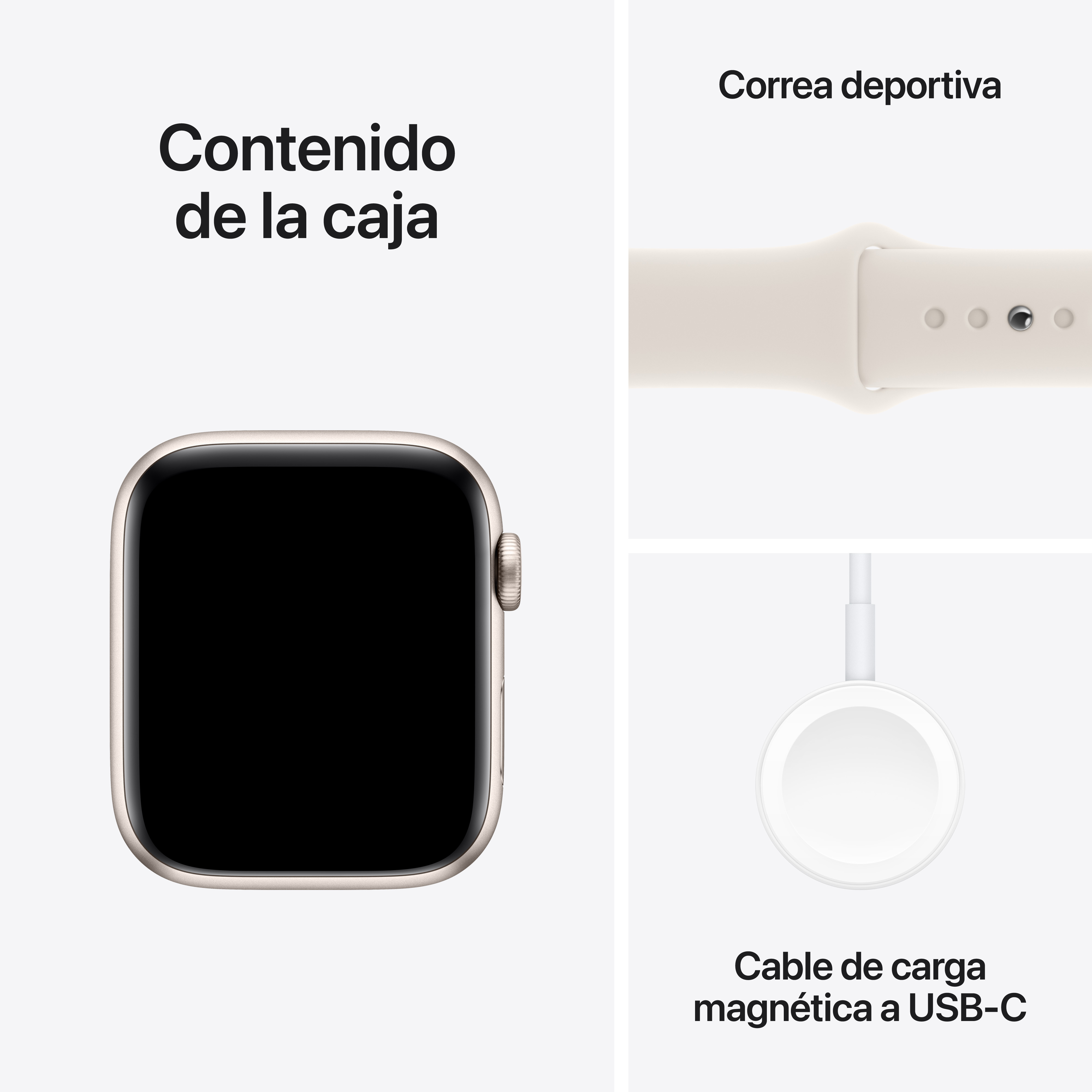 Apple Watch, correa deportiva y cargador magnético, con texto en español. Todos los artículos son blancos y beige.
