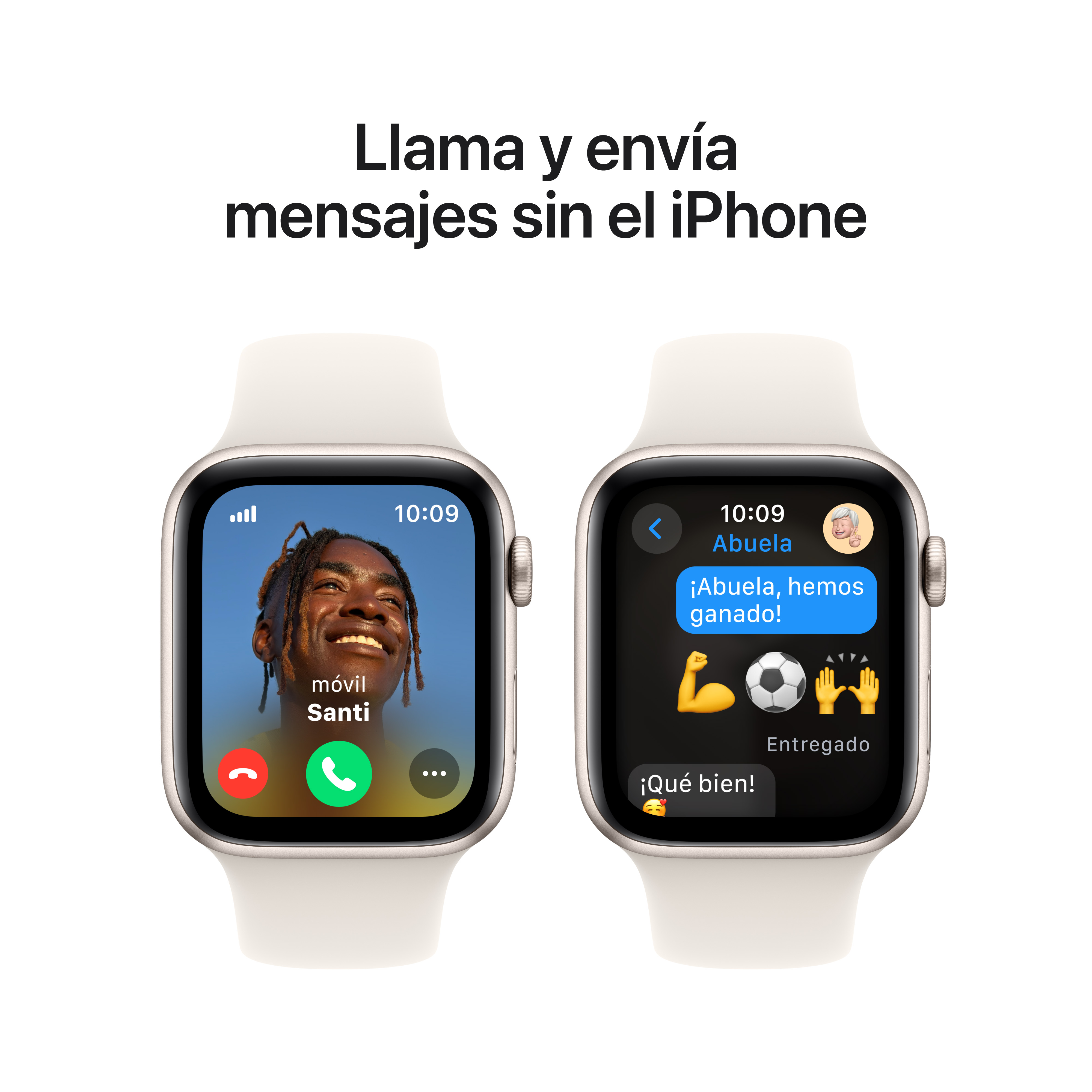 Dos Apple Watches mostrando llamadas y textos. Uno muestra una llamada en curso, el otro textos.