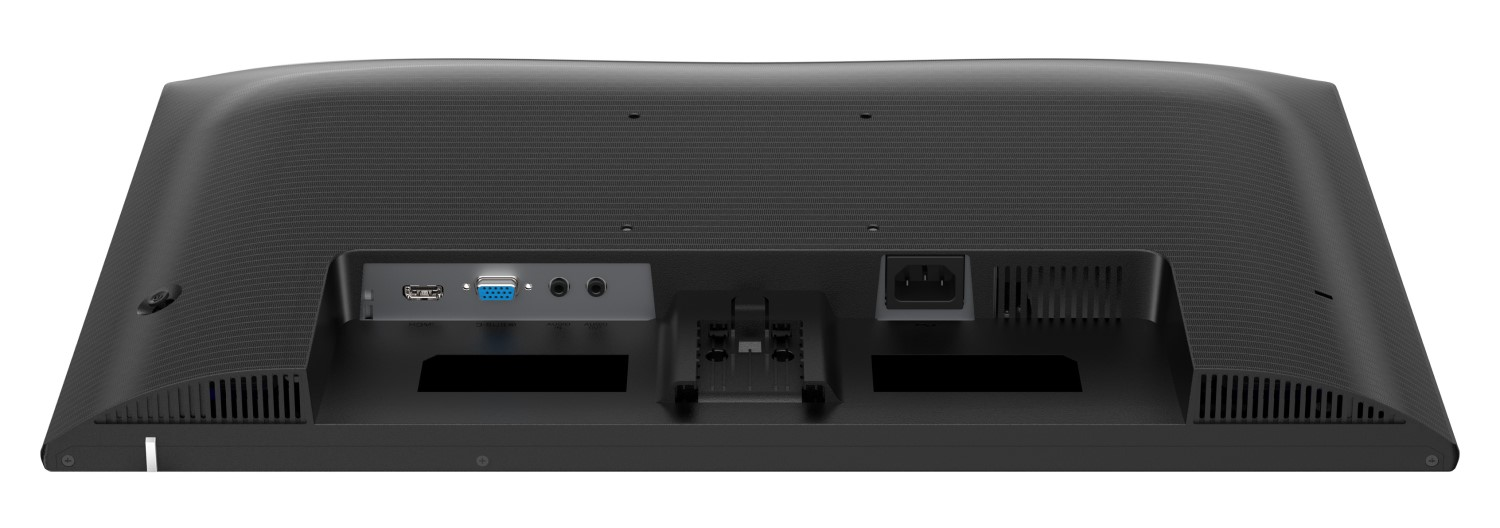 Rückseite eines schwarzen Monitors. Anschlüsse umfassen HDMI, VGA, Audiobuchsen, Stromeingang und eine Halterung.