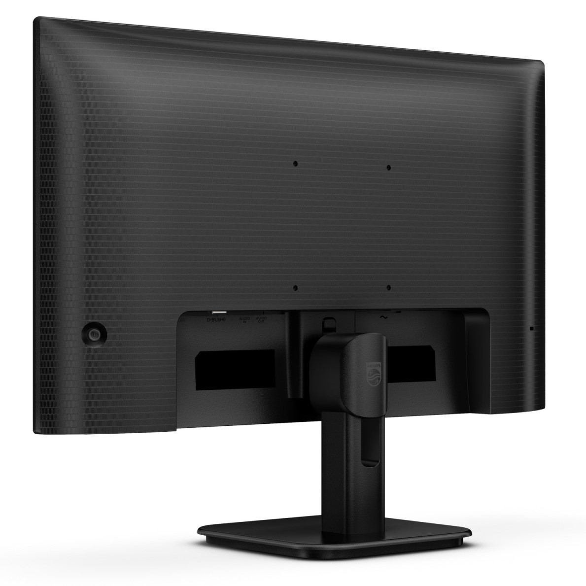 Die Rückseite eines Computermonitors mit Anschlüssen, einem Netzschalter und einem Ständer.