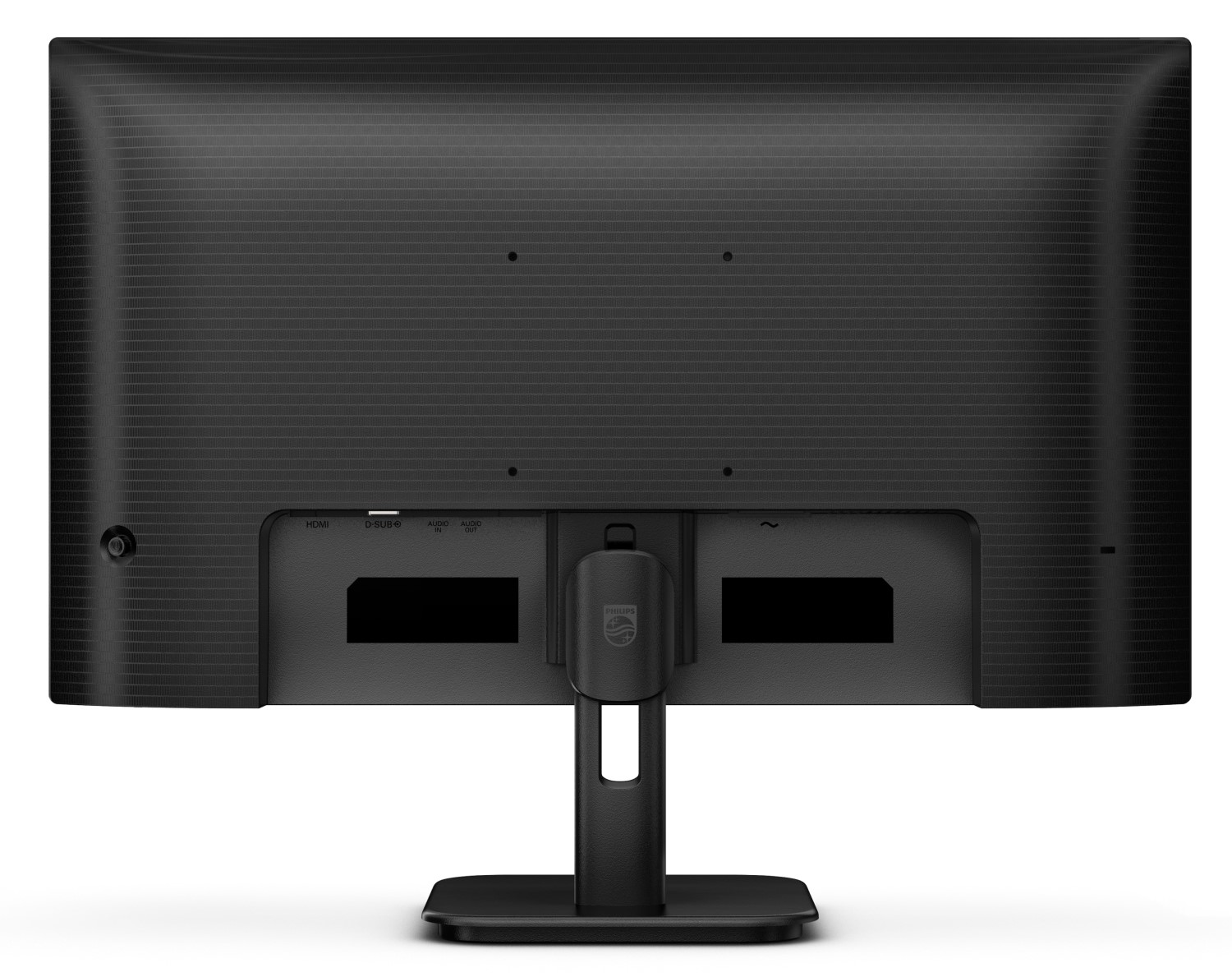 Rückansicht eines schwarzen Philips-Monitors. Es zeigt Anschlüsse für HDMI, Audio und Strom. Der Ständer ist schwarz.