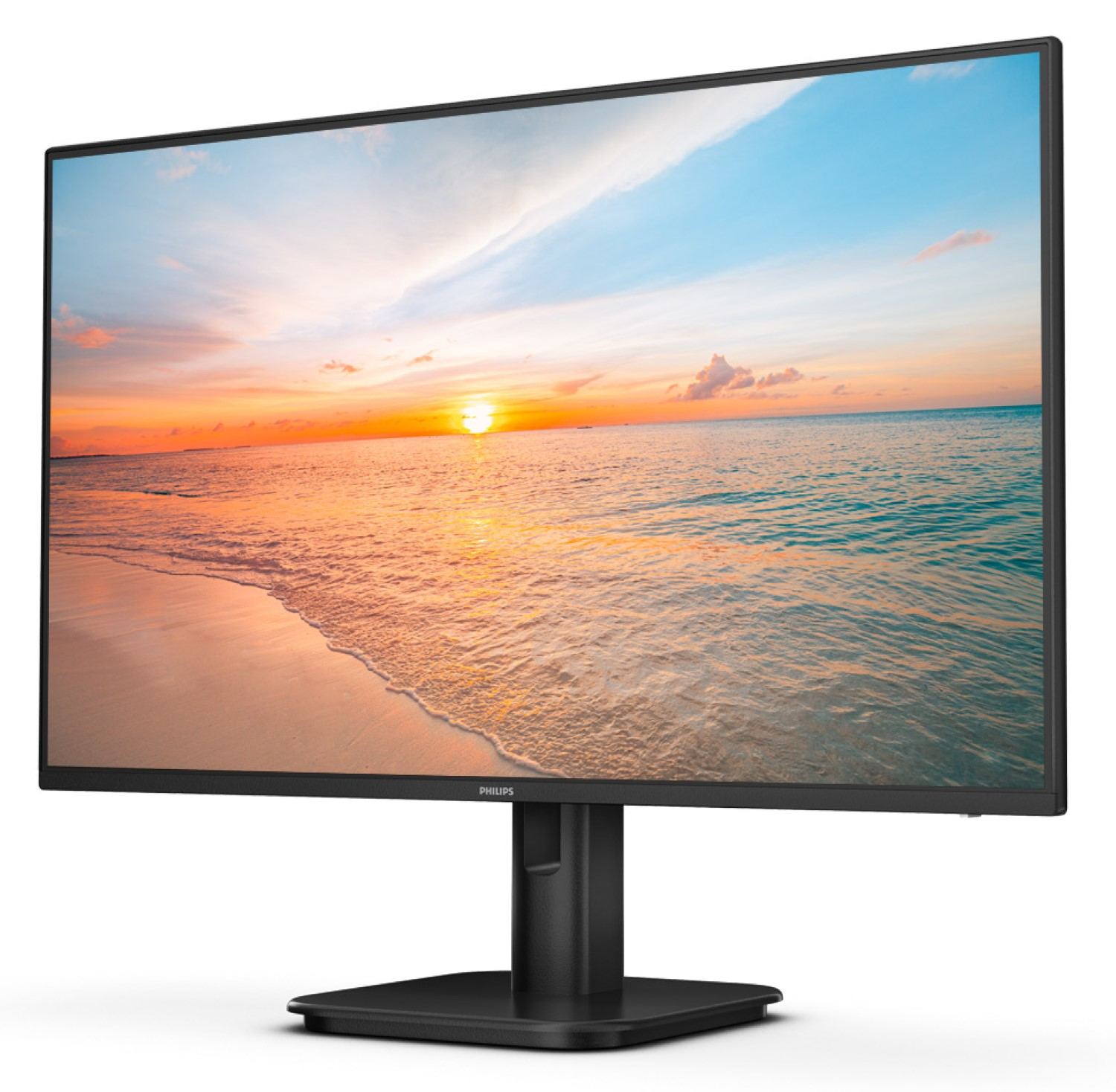 Ein Philips-Monitor zeigt einen Sonnenuntergang über dem Meer. Der Monitor ist schwarz und hat einen Ständer. Der Himmel ist blau und orange.