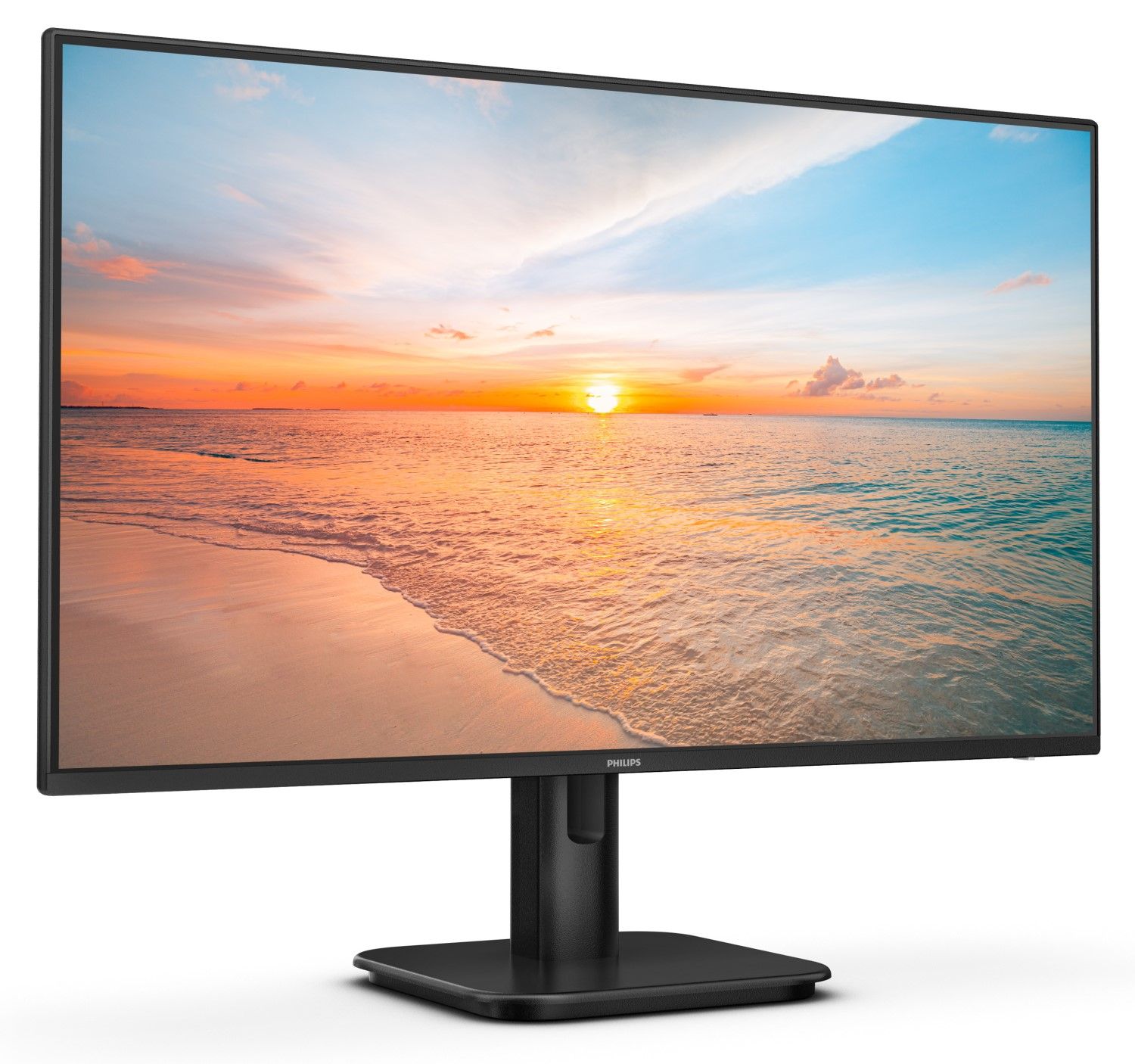 Ein Philips-Monitor zeigt einen Sonnenuntergang am Strand. Sandstrand, Meereswellen und ein leuchtend oranger, gelber und blauer Himmel sind sichtbar.