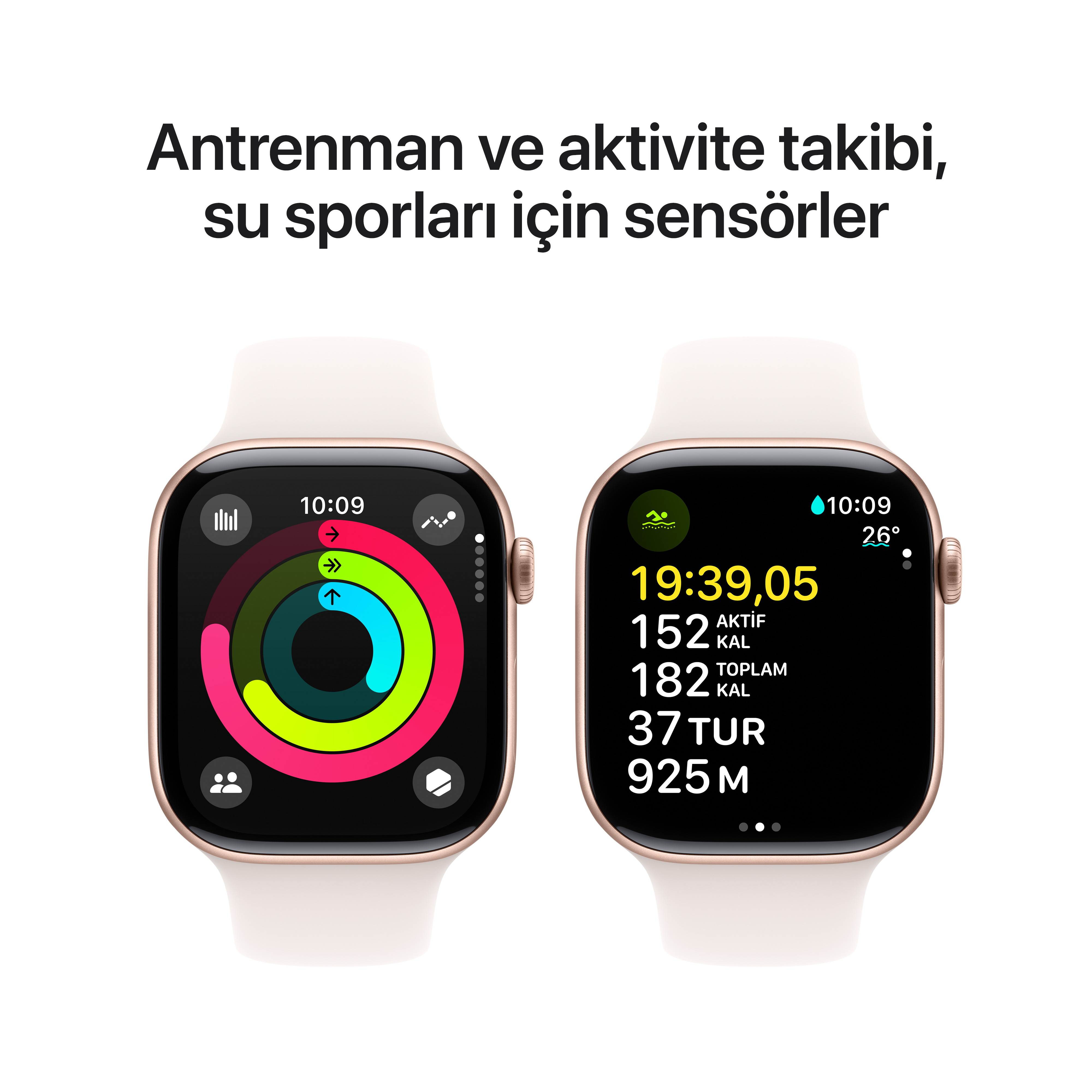İki akıllı saat aktivite verilerini gösteriyor. Biri dairesel aktivite takibi, diğeri antrenman ölçümlerini gösteriyor.