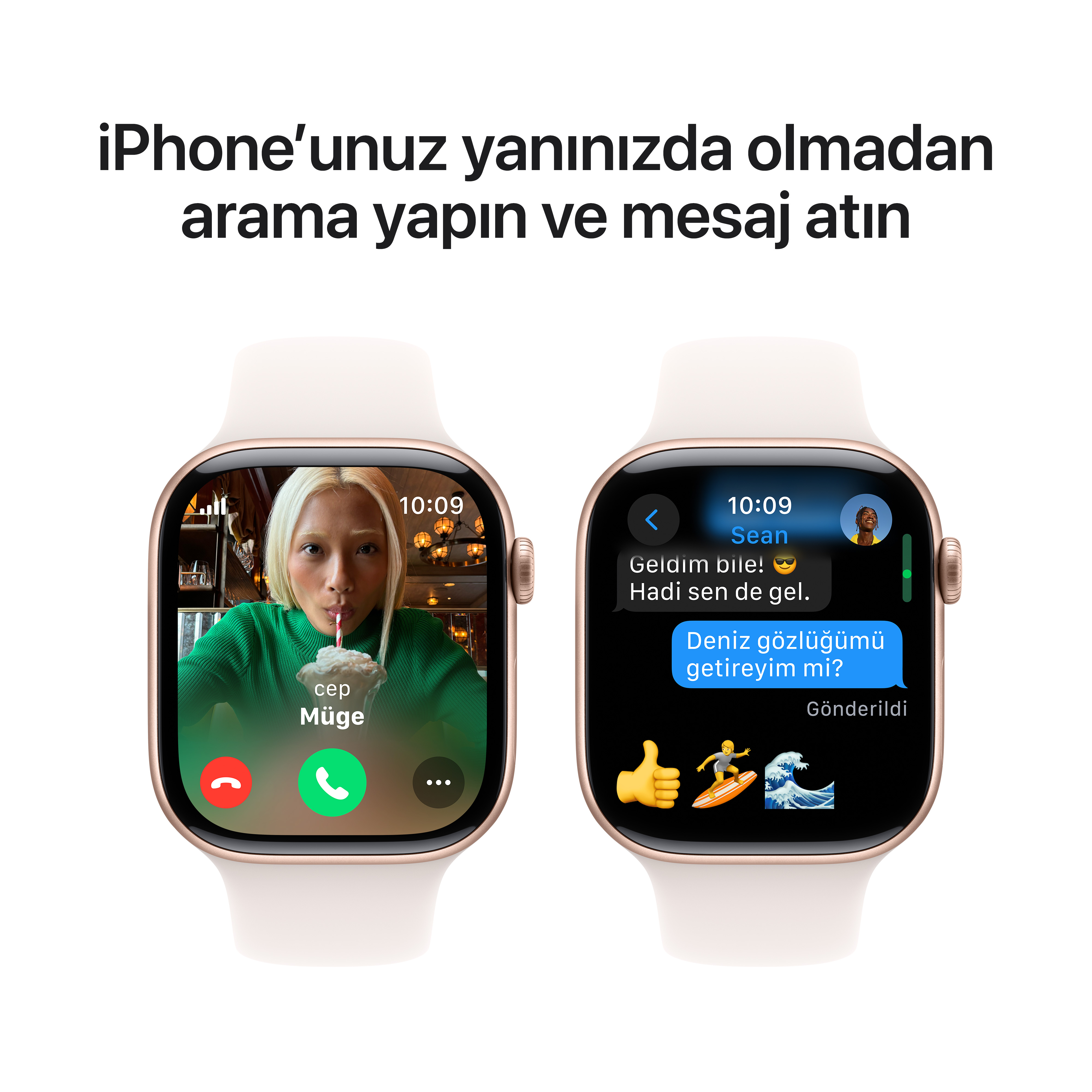 Görüntülü arama ve mesaj arayüzü gösteren iki Apple Watch.