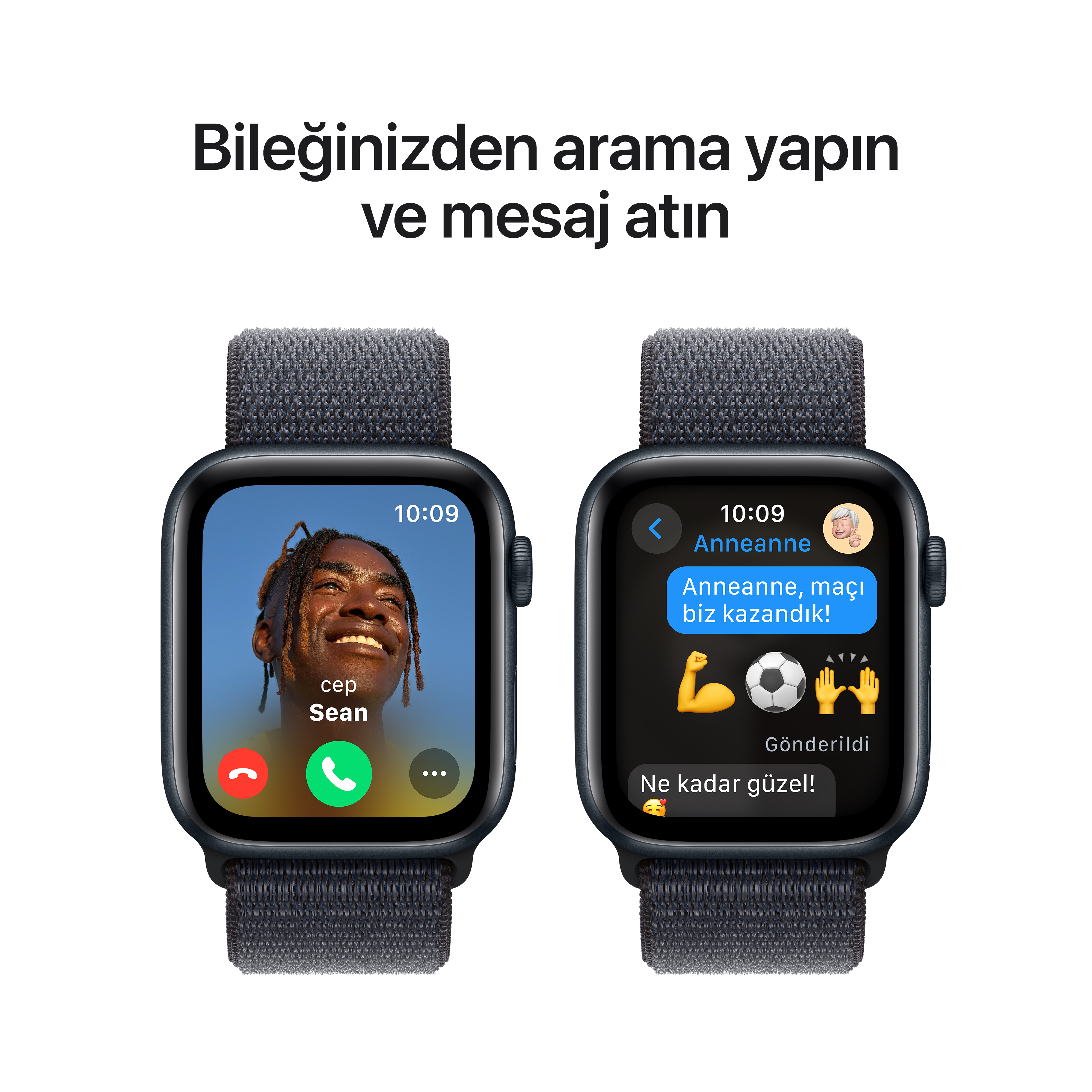 İki Apple Watch görüntülü arama ve metin mesajıyla. Soldaki saat arama yapıyor, sağdaki mesajlaşıyor.