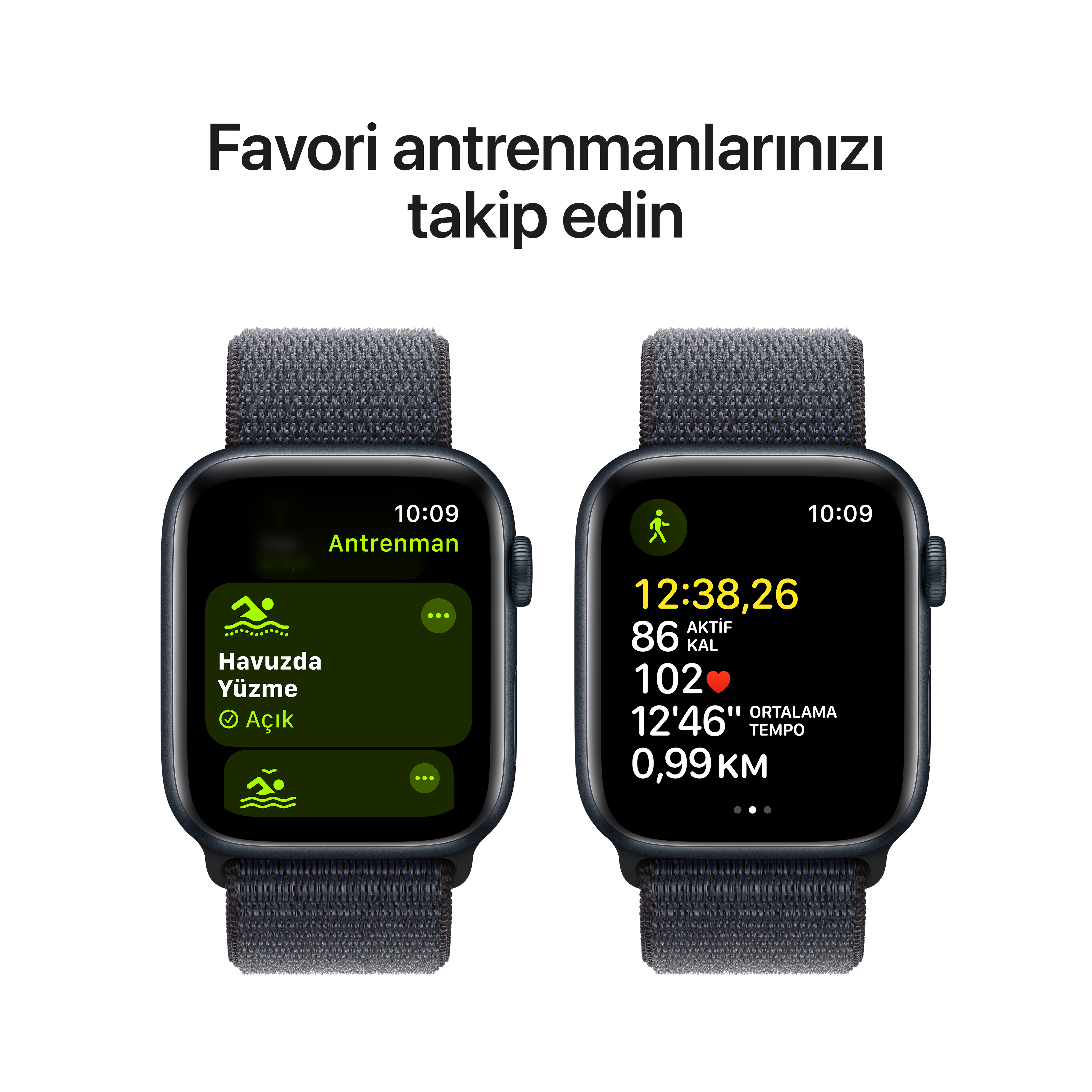 İki akıllı saat antrenman istatistiklerini gösteriyor. Solda yüzme verileri, sağda aktivite detayları.