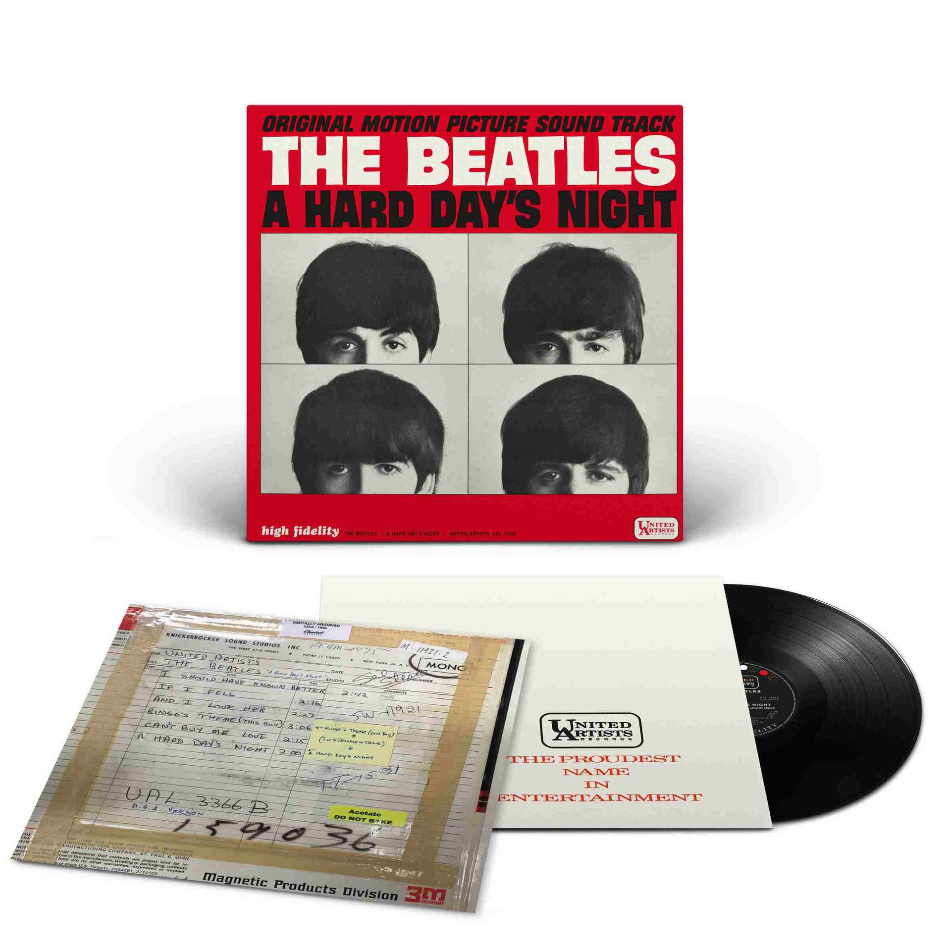 Albumcover von A Hard Day's Night, vier Beatles-Porträts auf Rot. Album und Schallplatte mit weißer Hülle.
