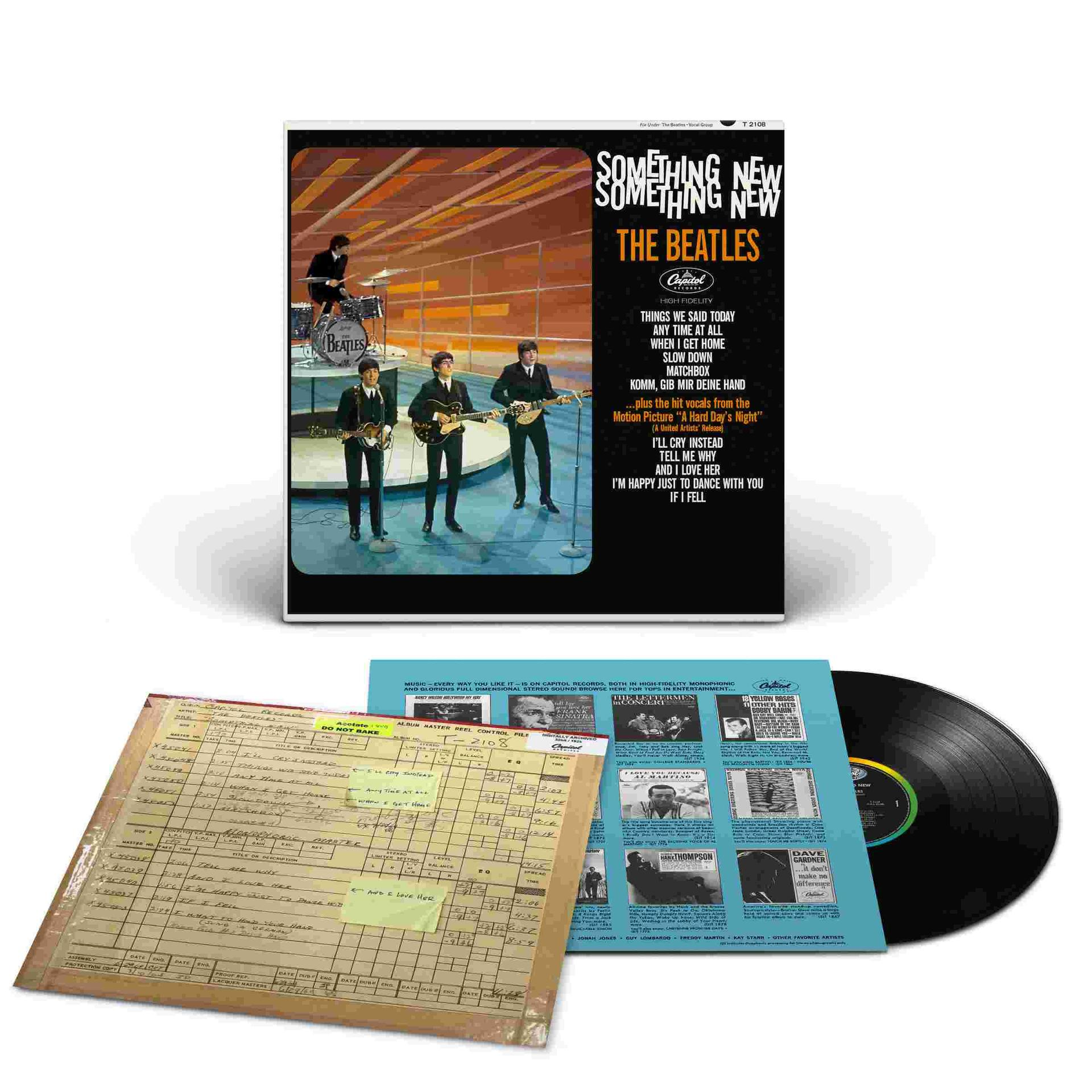 Albumcover von The Beatles' 'Something New' mit Albumdetails und einer Vinyl-Schallplatte.