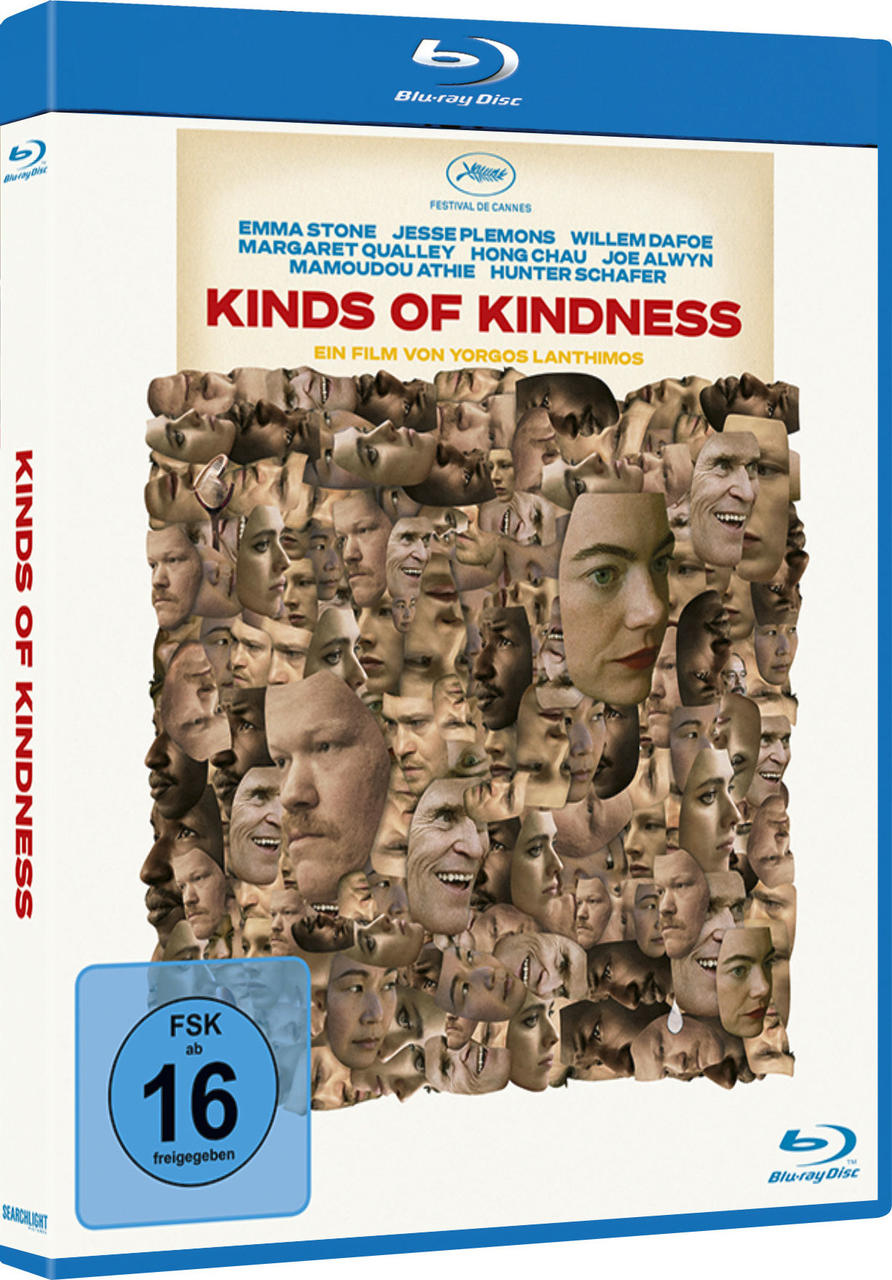 Blu-ray-Disc-Cover. Überlagerte Gesichter, Text: Kinds of Kindness. Schauspieler Emma Stone, Jesse Plemons.