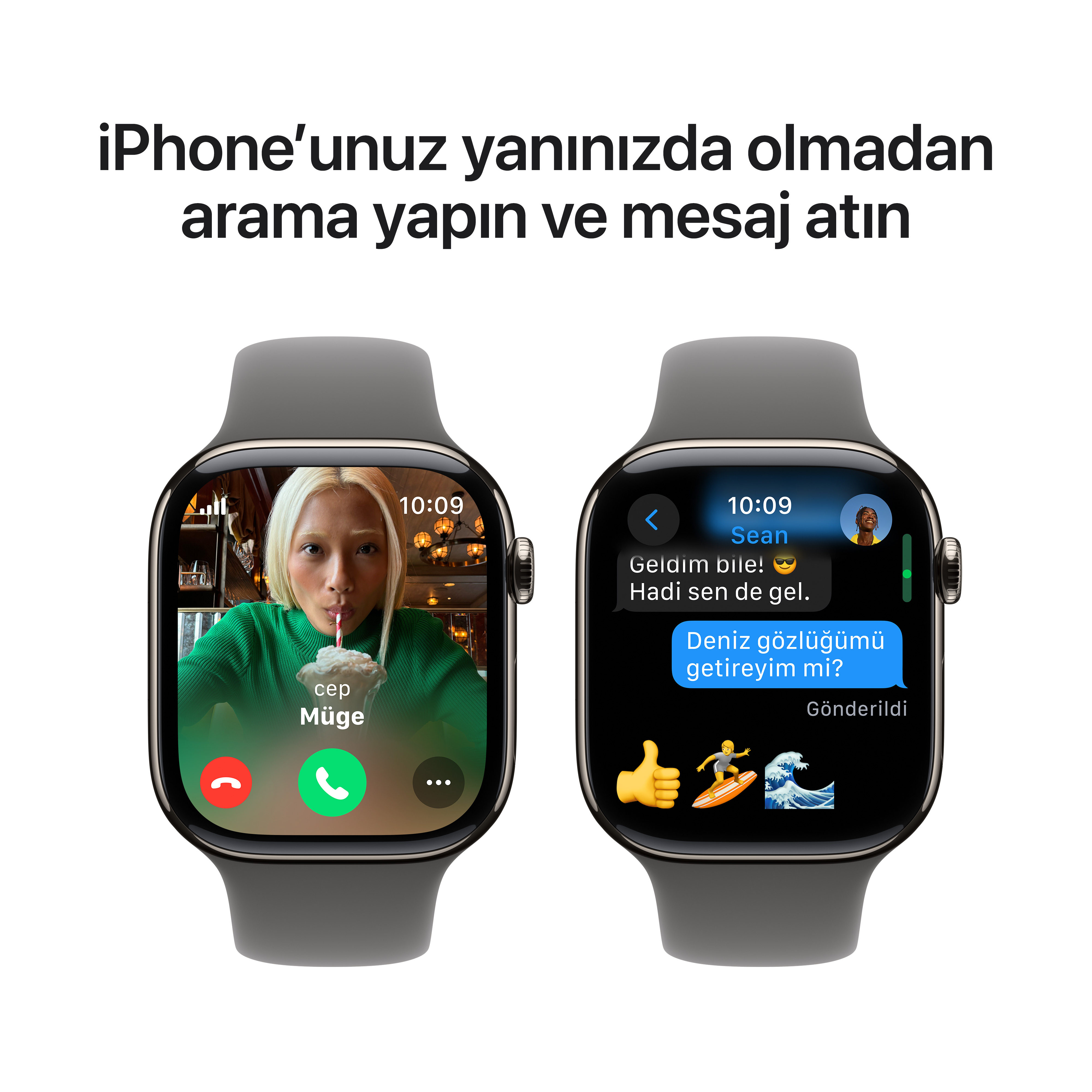 Beyaz bir arka plan üzerinde, ekranlarında bir video görüşmesi ve bir metin mesajı gösteren iki akıllı saat.