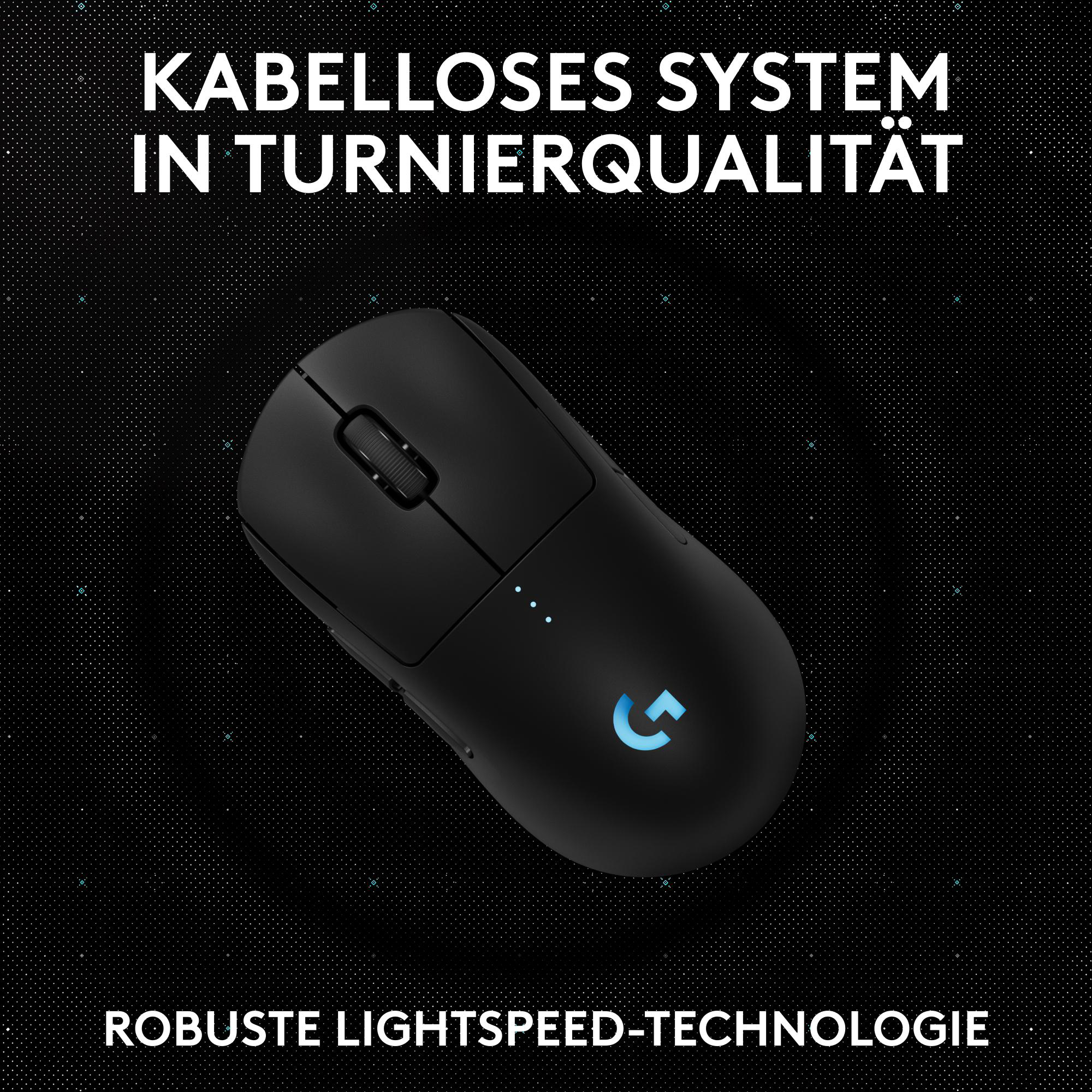 Eine schwarze Computermaus mit Scrollrad, beleuchtetem Logo.