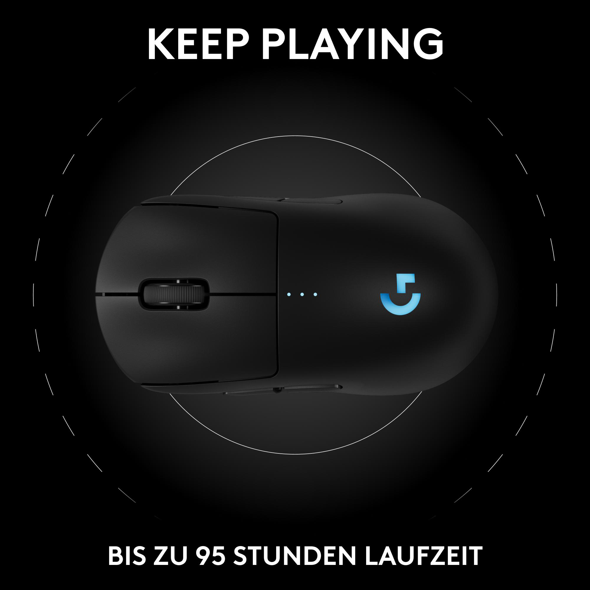 Schwarze Gaming-Maus, beleuchtetes Logo und Text 'KEEP PLAYING' und 'UP TO 95 HOURS'.