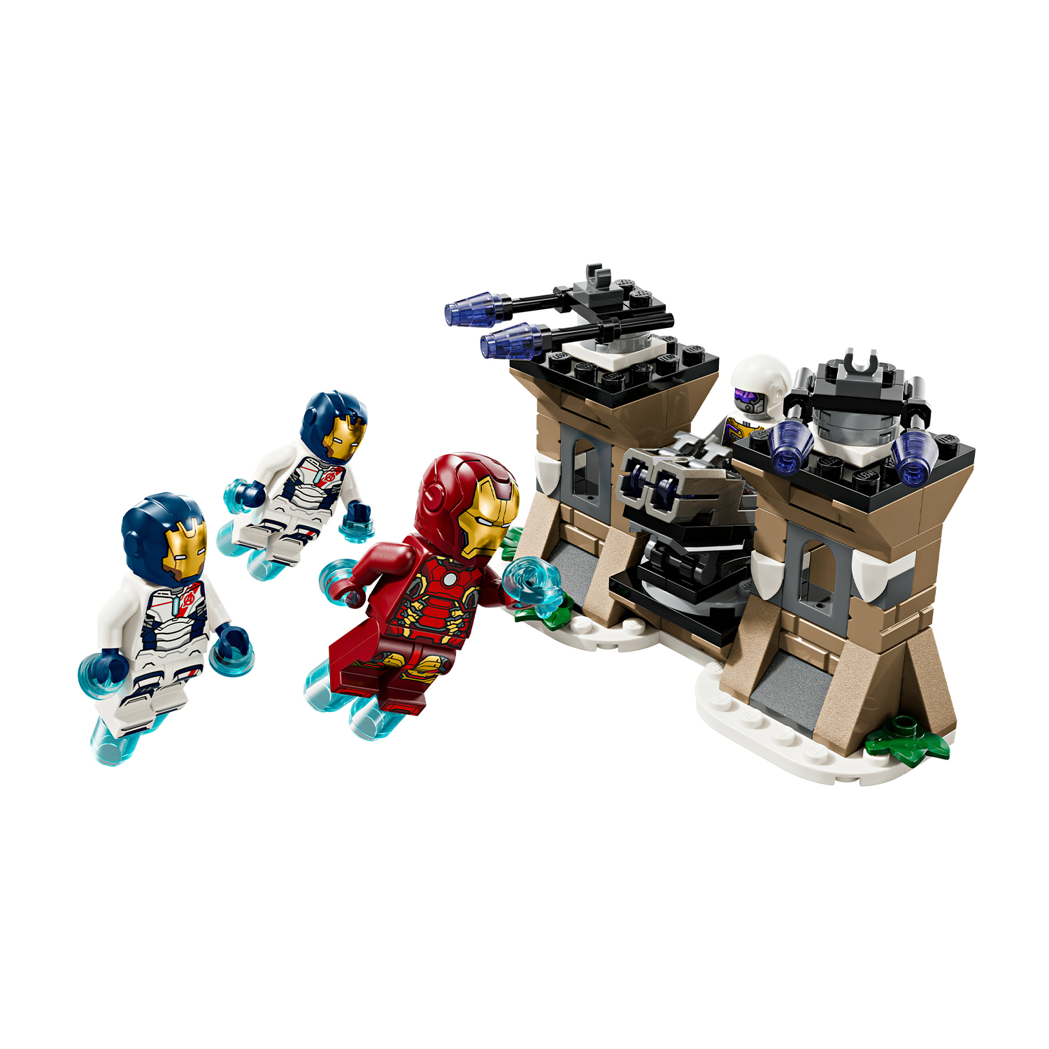 Set Lego con Iron Man, due soldati volanti e due torri, su sfondo bianco.