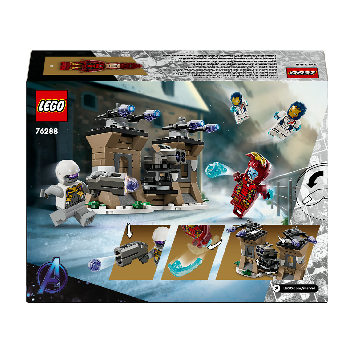 Retro della scatola LEGO con scena Marvel Avengers con personaggi e una struttura.