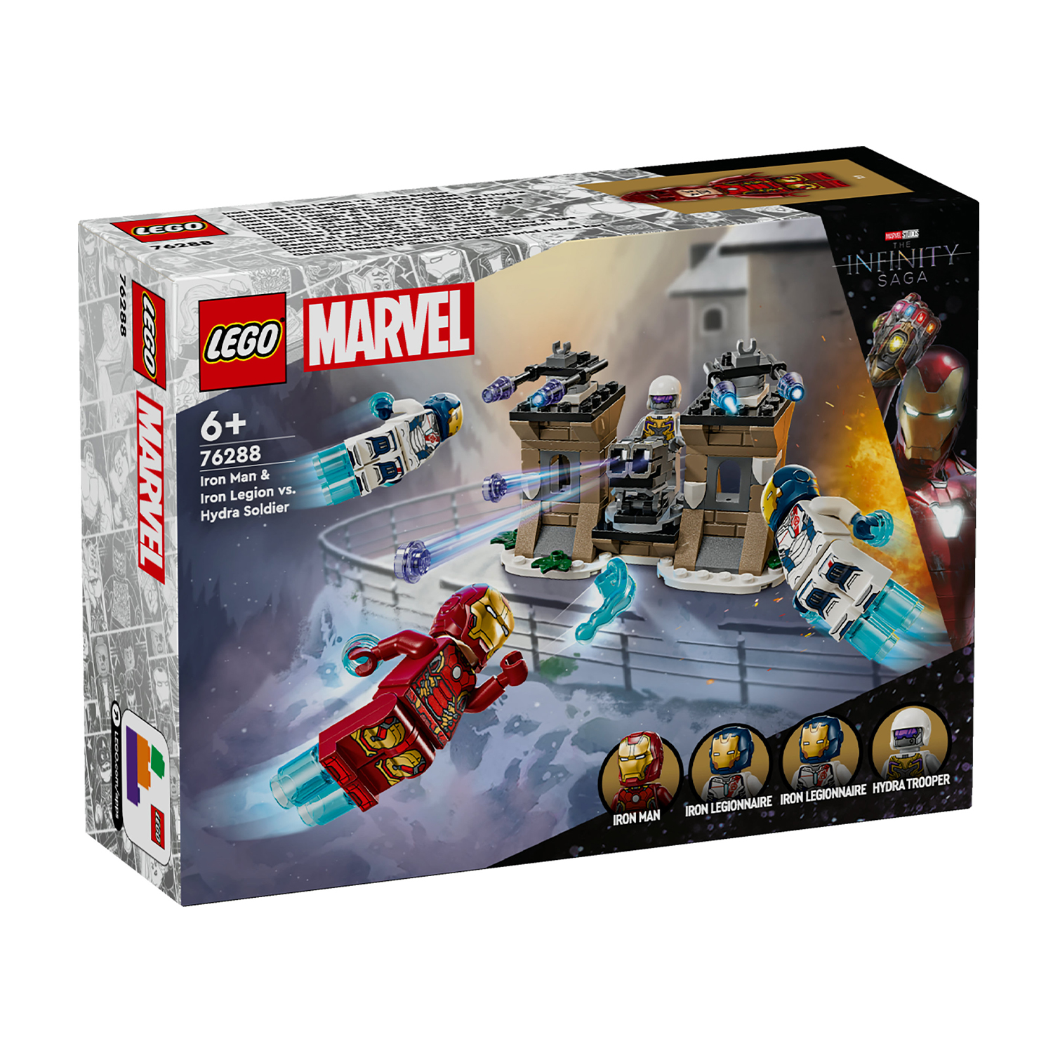 Scatola Lego Marvel con Iron Man vs. Hydra Soldier, personaggi e struttura simile a un castello.