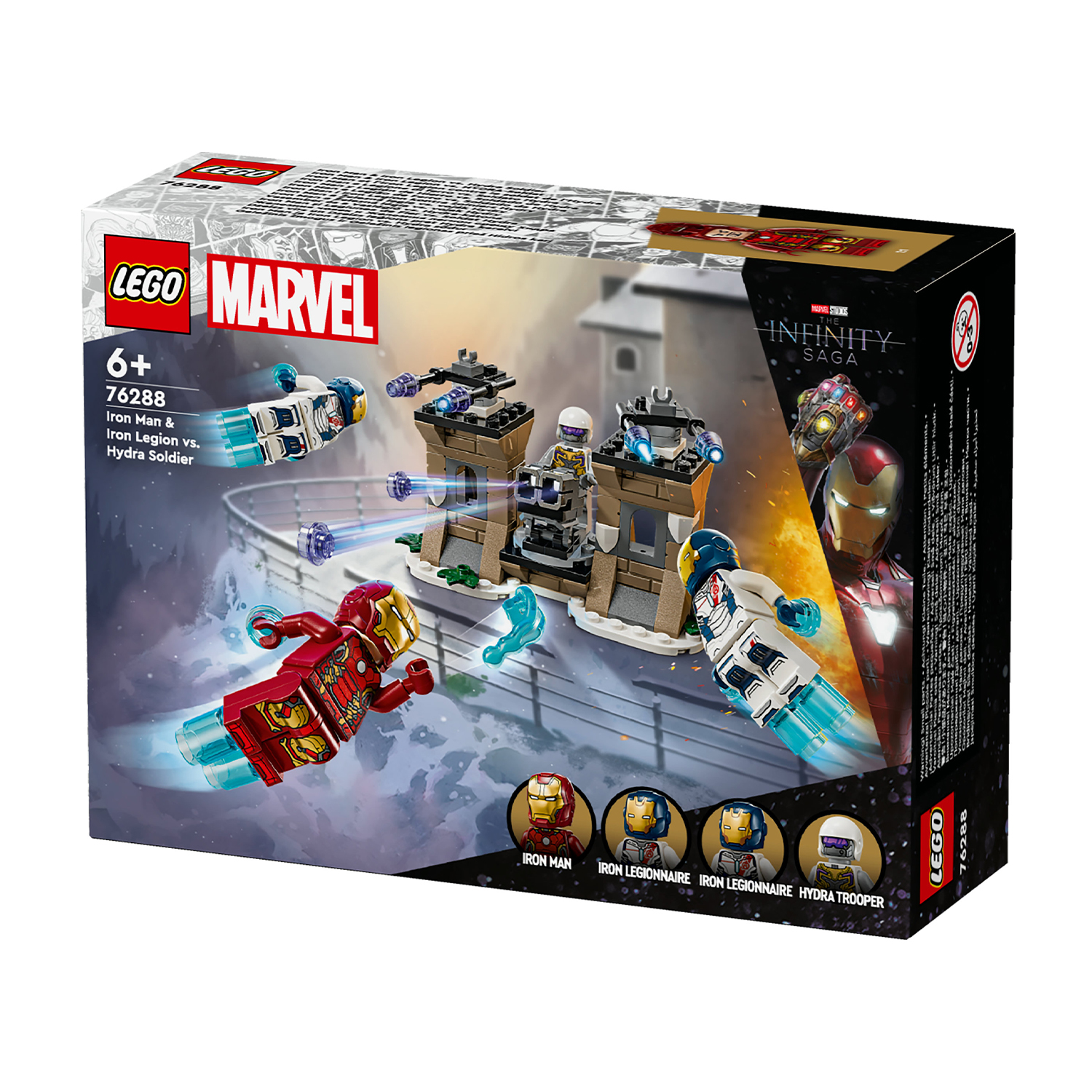 Scatola del set Lego Marvel. Lego Marvel Iron Man e Iron Legion vs. Hydra Soldier. L'immagine sulla scatola raffigura una scena di battaglia.