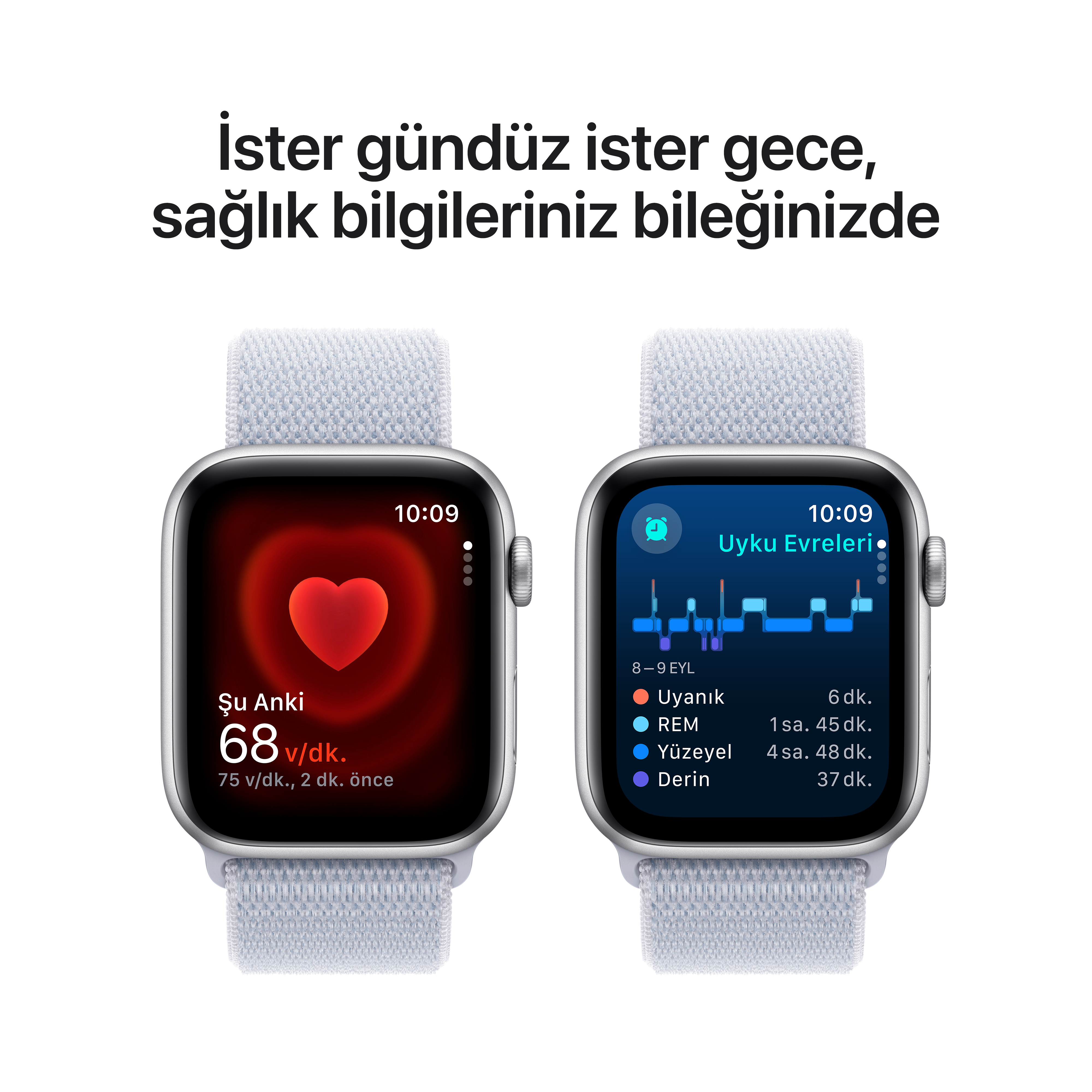 İki akıllı saat, kalp atış hızı ve uyku evreleri dahil olmak üzere sağlık verilerini, açık renkli bir kayışla gösteriyor.