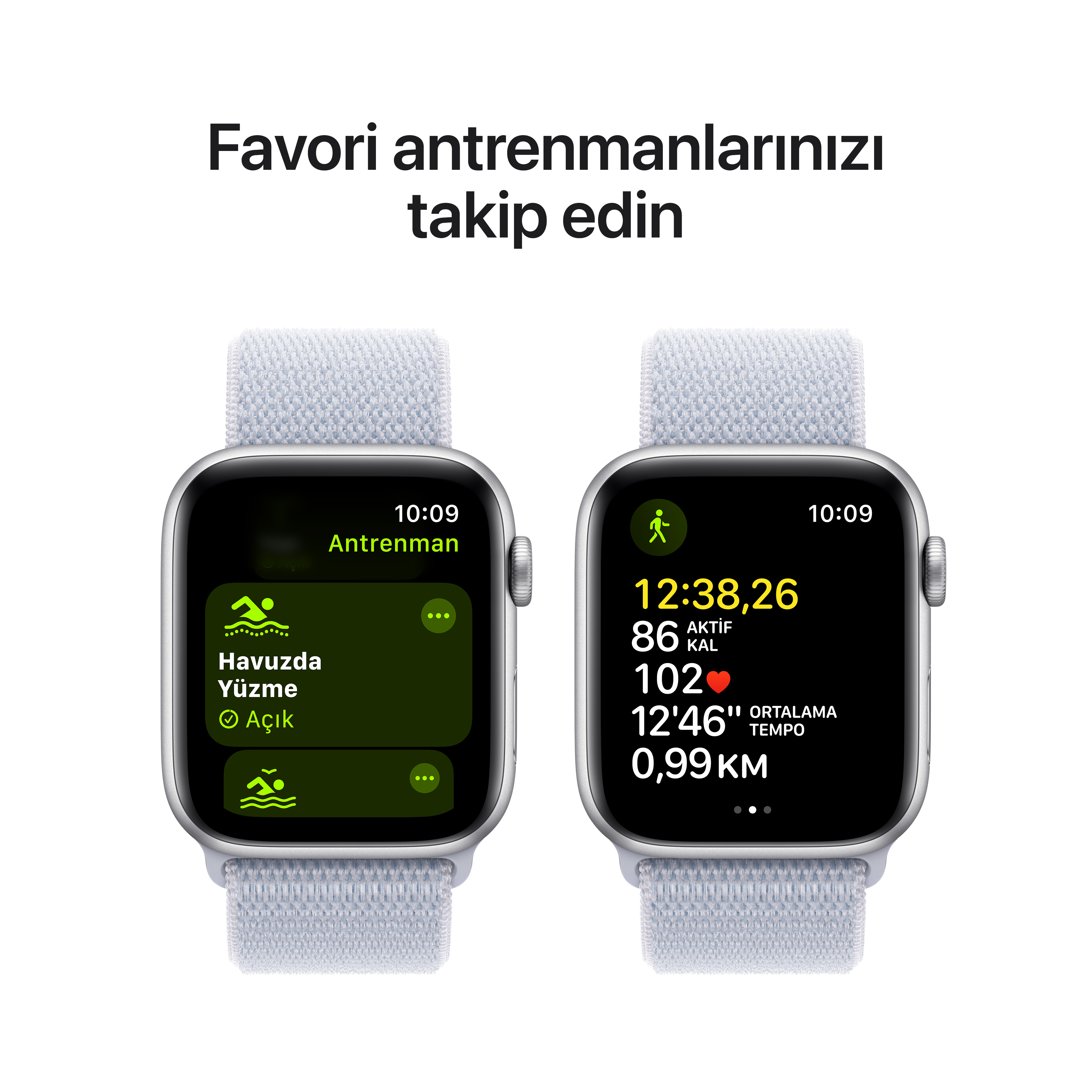 Beyaz Apple Watch, devam eden bir antrenmanı ve fitness ölçümlerini gösteriyor.