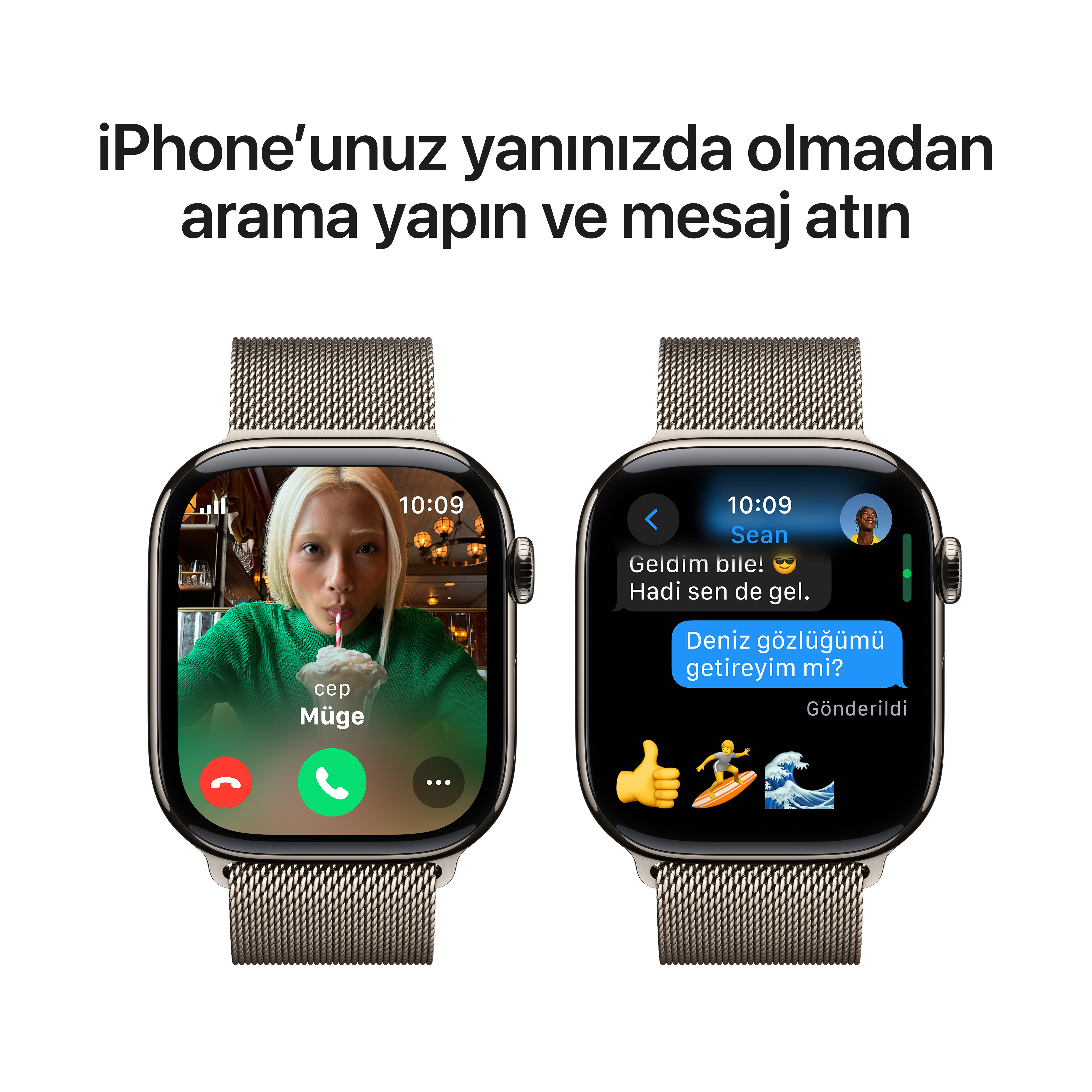 Altın saat kayışları ile video görüşmeleri ve metin mesajları gösteren iki akıllı saat.