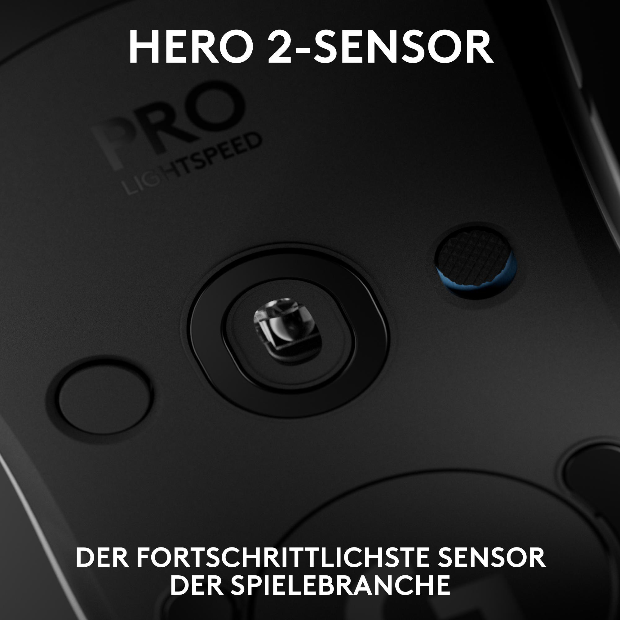 Nahaufnahme einer schwarzen Gaming-Maus, die ihren Sensor und die umliegenden Tasten zeigt. Text: HERO 2-SENSOR.
