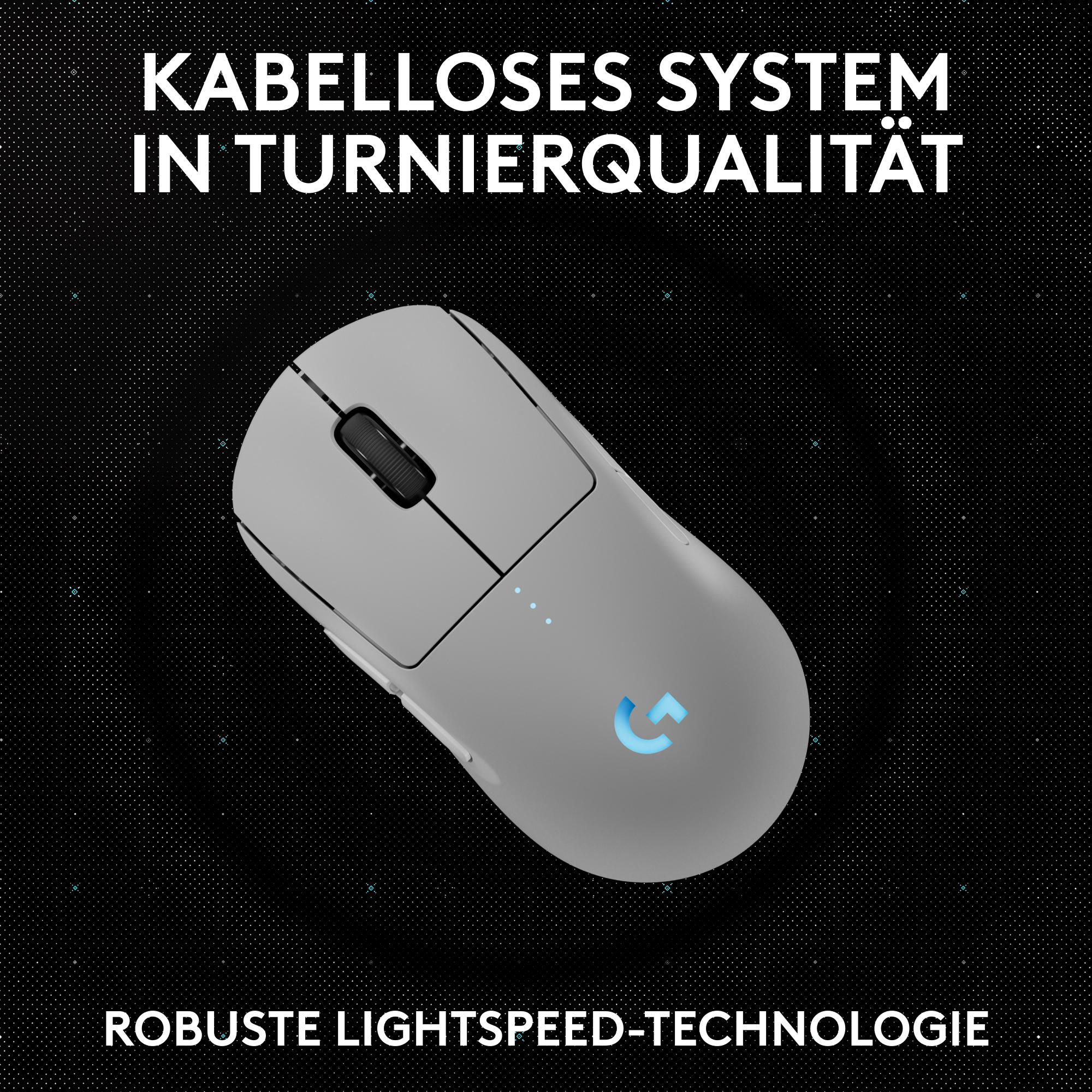 Graue Gaming-Maus mit Text 'KABELLOSES SYSTEM IN TURNIERQUALITÄT' auf schwarzem Grund.