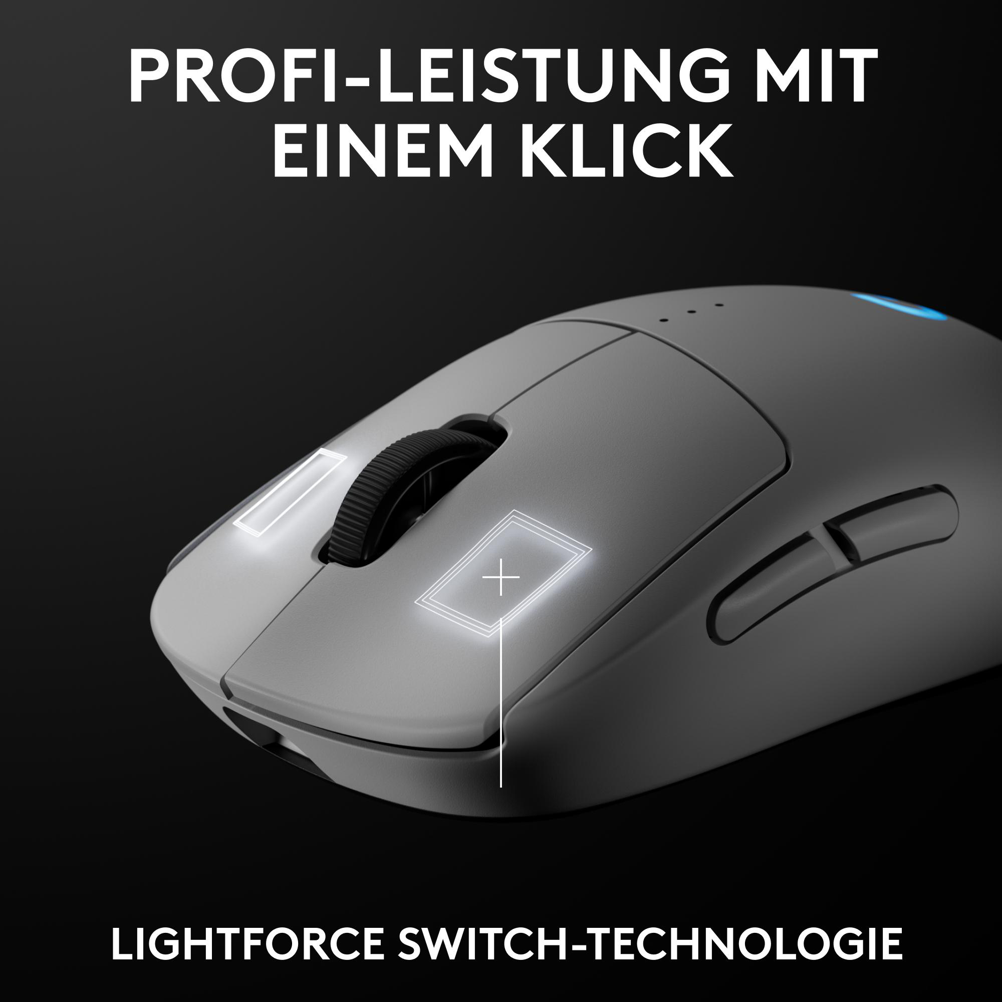 Eine graue Computermaus mit einem schwarzen Rad und weißen beleuchteten Knöpfen, auf schwarzem Hintergrund.