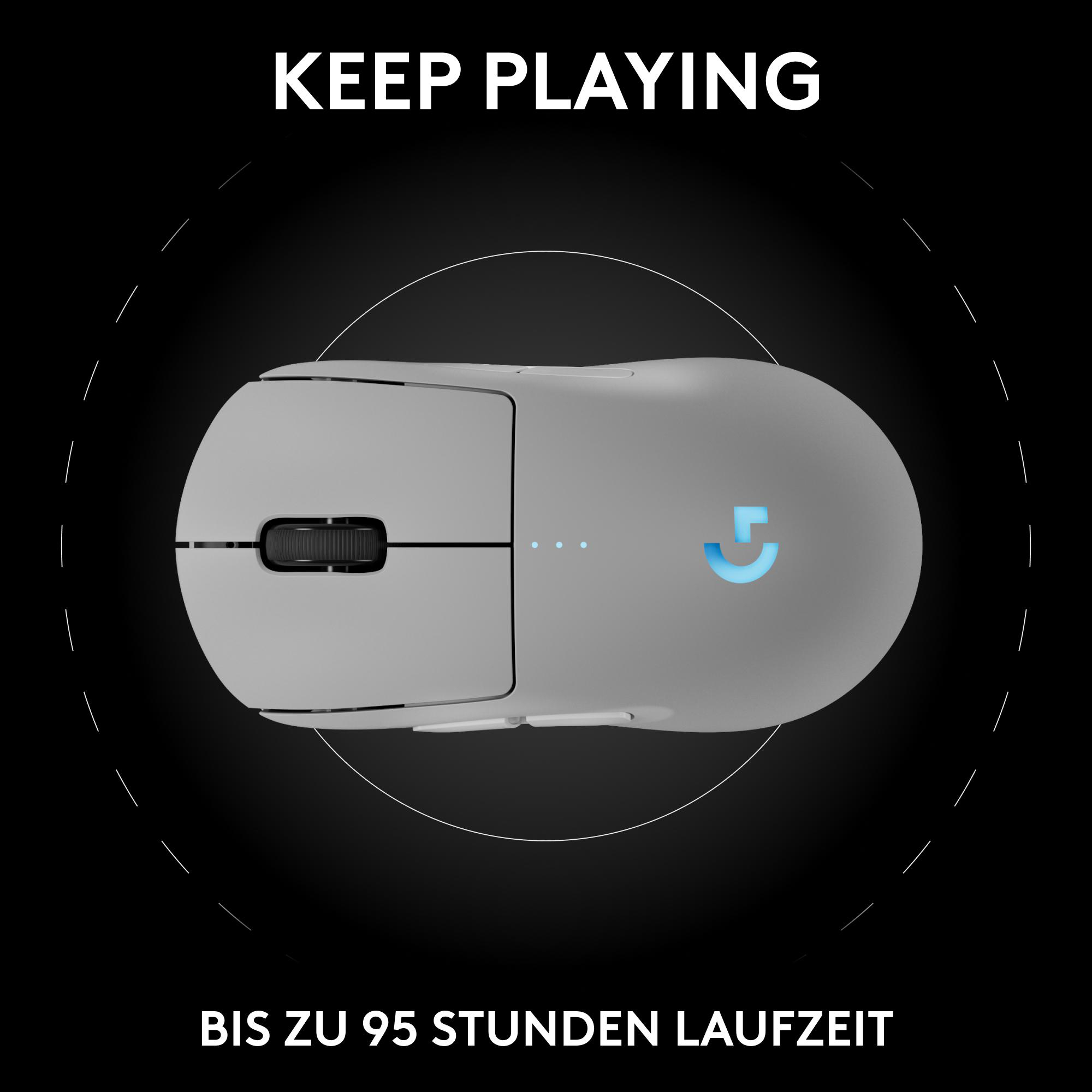 Draufsicht einer grauen Maus auf schwarzem Hintergrund, mit blauem Logo und Text.