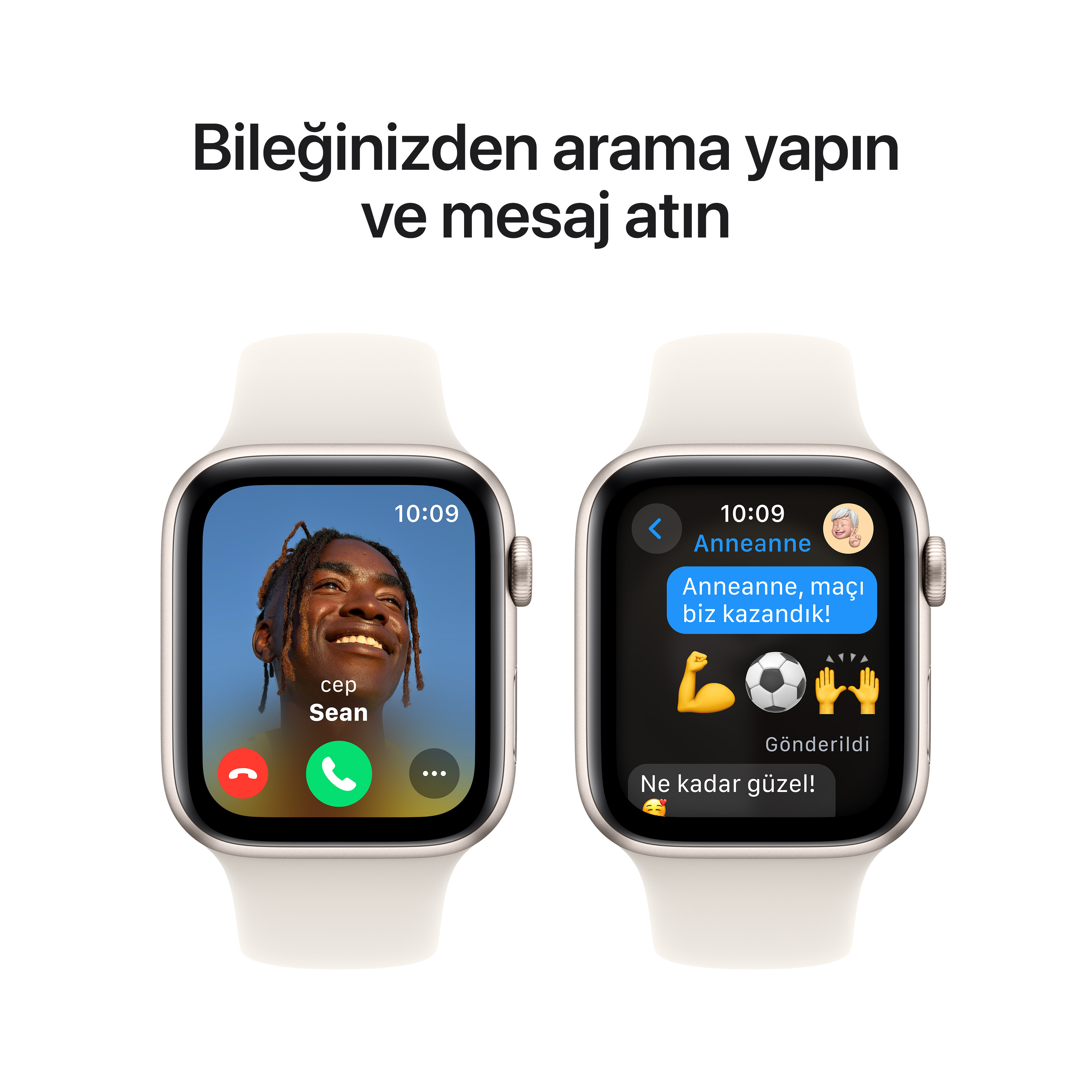 Bir arama ve mesaj görüntüleyen ekranlara sahip iki akıllı saat. Metin, arama yapmayı ve mesaj göndermeyi gösterir.